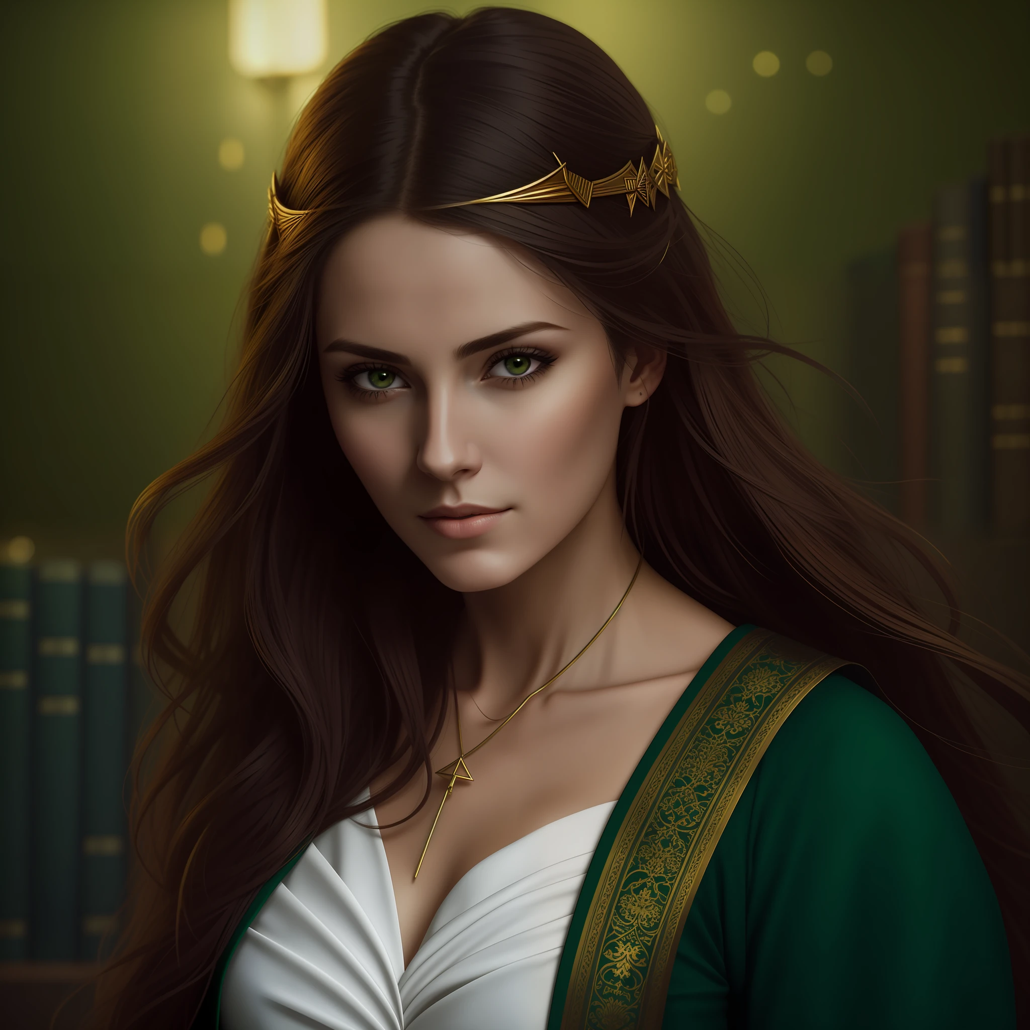 Woman in her 30s, thin with an elongated face, expressive green eye detail, background of a library with several books dark golden color, dark tones, side lighting, torchlight, dark fantasy.