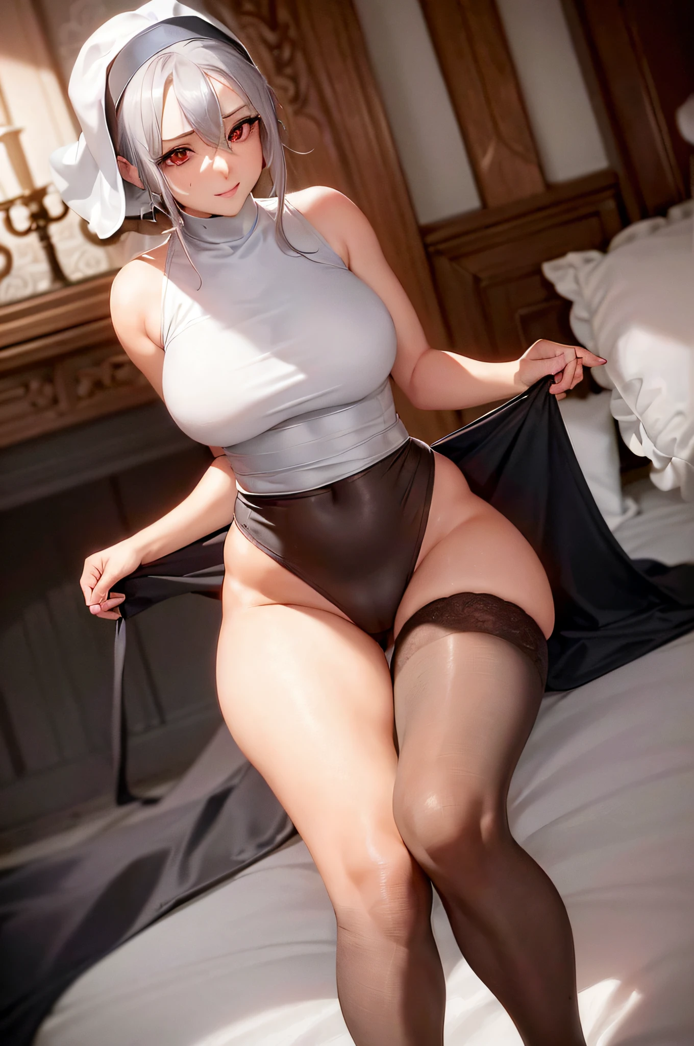 (beautiful, masterpiece:1.4), (fair skin), red eyes, silver hair in a pony tail with bangs, MILF, (:1.3), thigh gap, skin indentation, camel toe, n, looking down on you, smirking, bedroom, nun gown, nun, black stockings