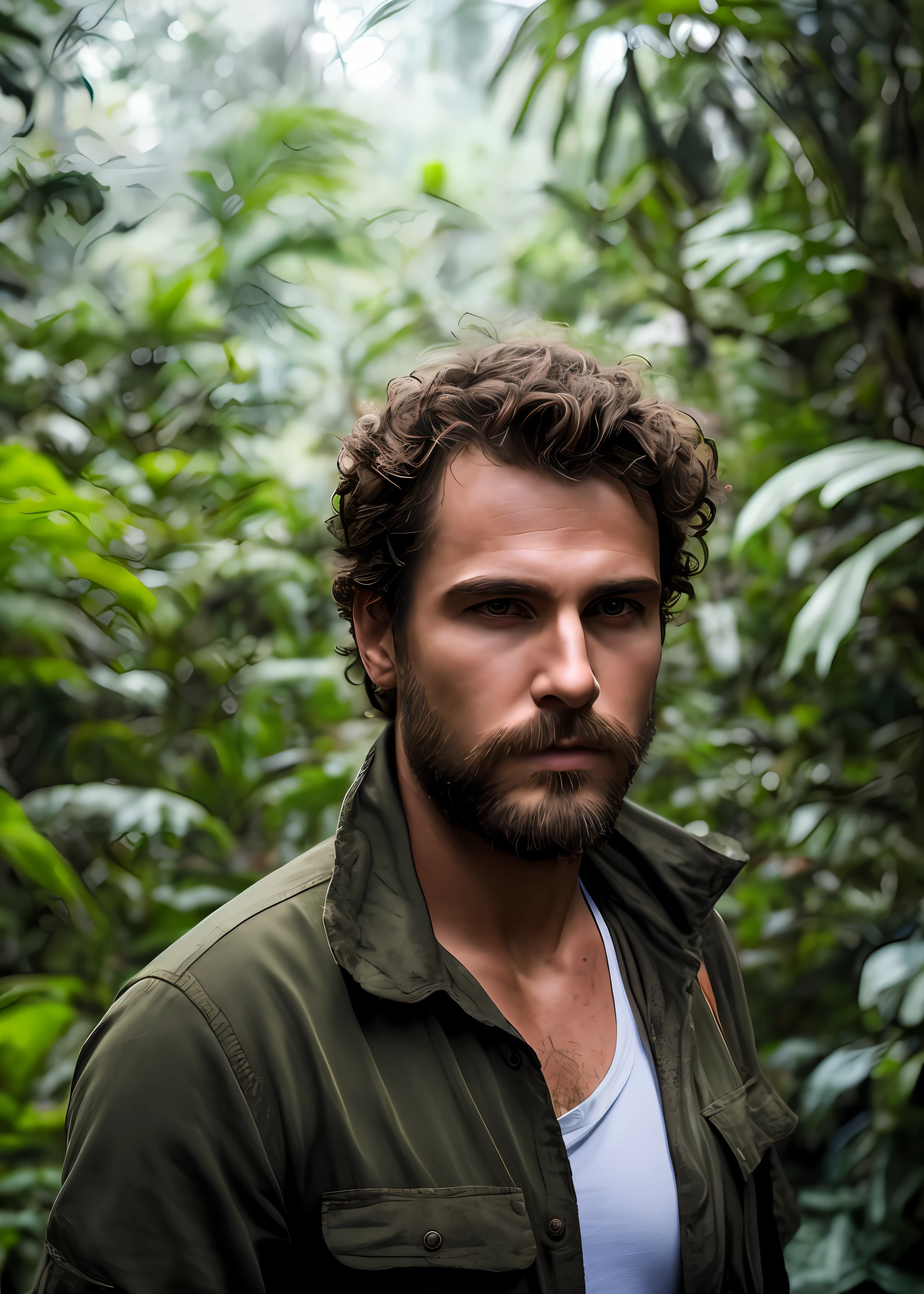 A mature and extremely handsome and fitted rugged adventurer lost in a lush and foggy jungle, determined to complete hismission, short messy hair