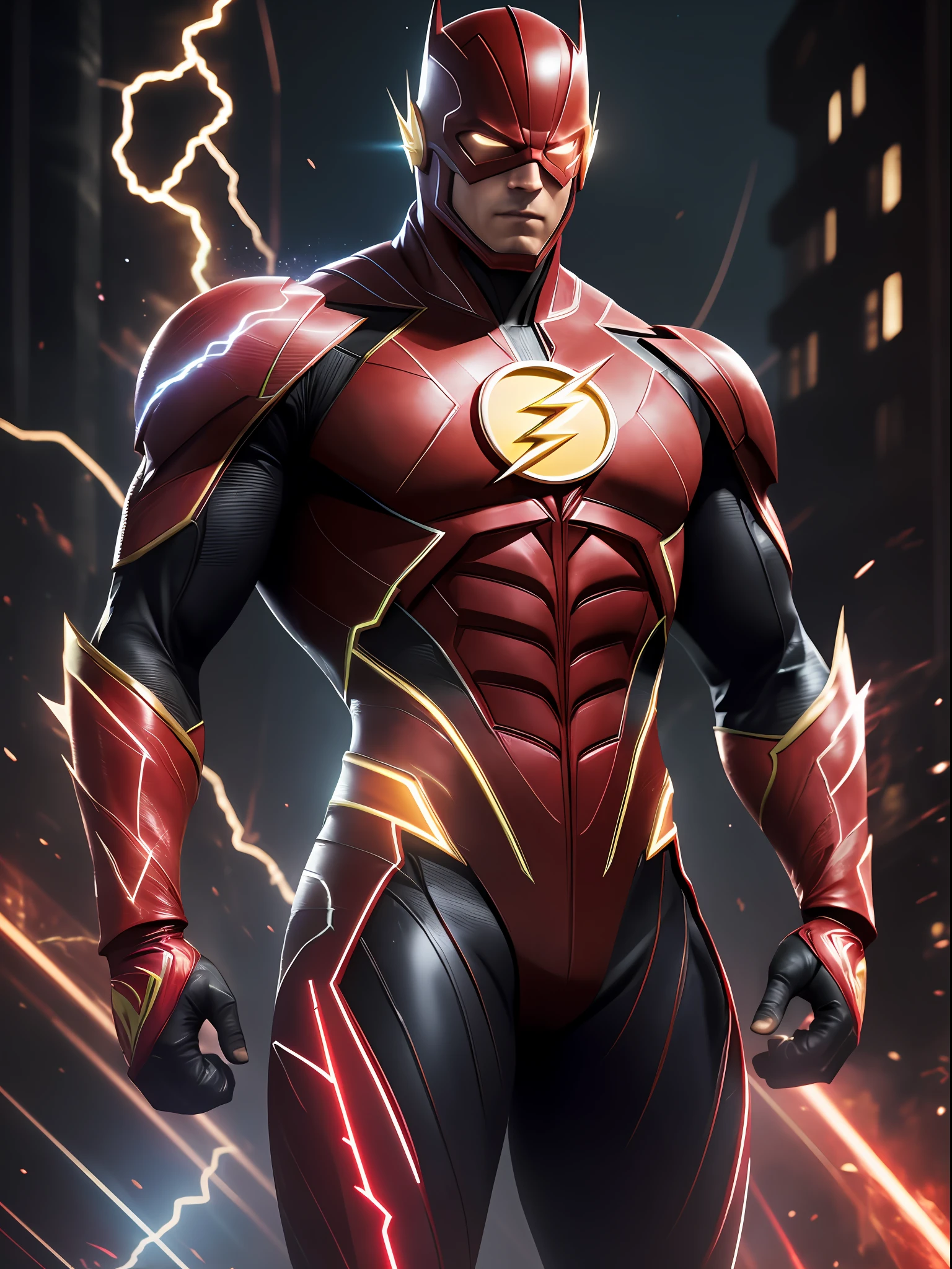 The Flash (Injustice 2), best quality, high resolution, tall, muscular, hunk, black and scarlet red neon suit, glowing yellow eyes, standing powerfully pose, yellow lightning trail, detailed face, detailed suit, ultra detailed, masterpiece, tunnle of light in the background, 4k, raw photo, volumetric lighting, low camera angle