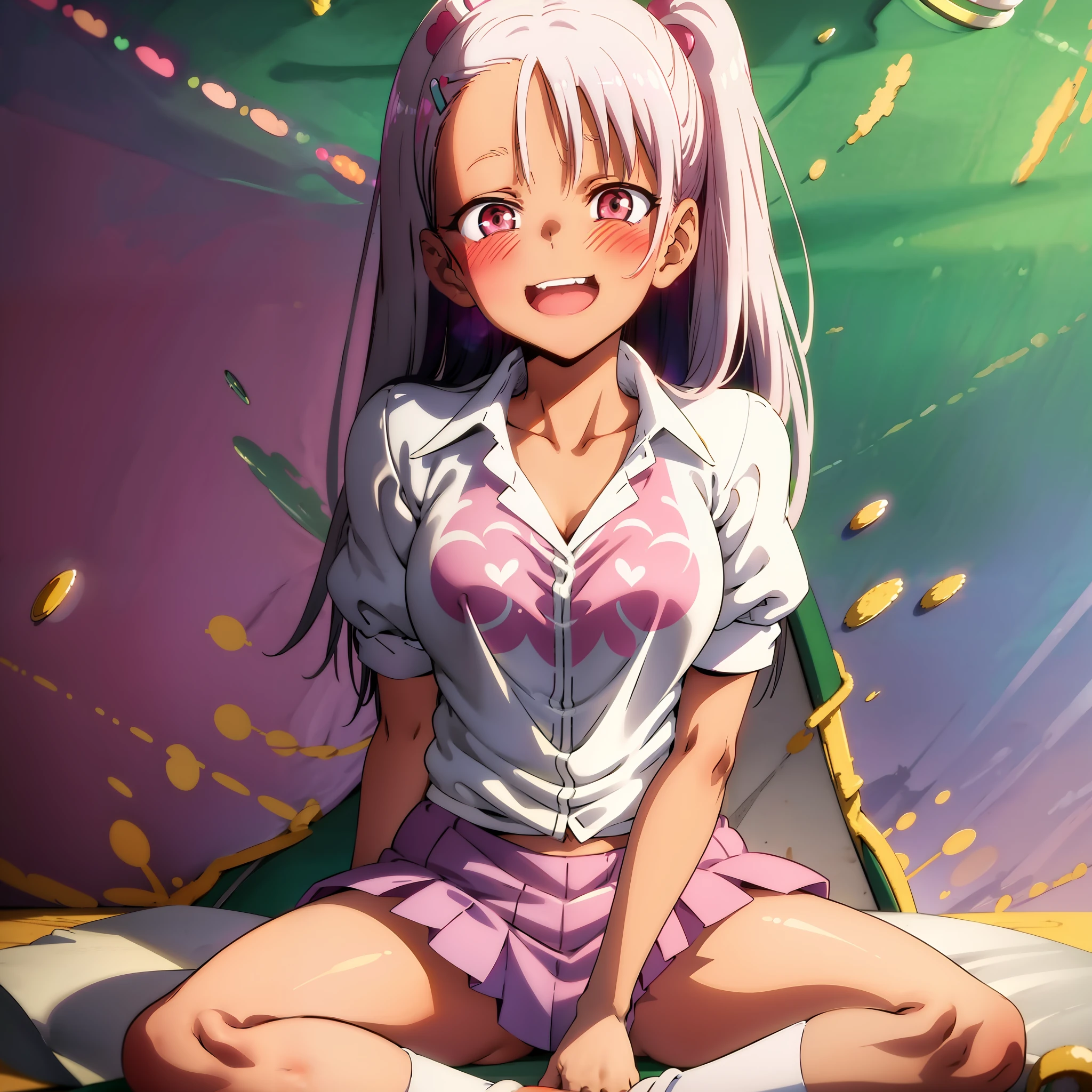 Beech nagatoro, white hair combed with a ponytail, short blouse with heart print, pink mini skirt, greeting, expression of happiness, long white socks, open blouse, high definition, high resolution, large chest