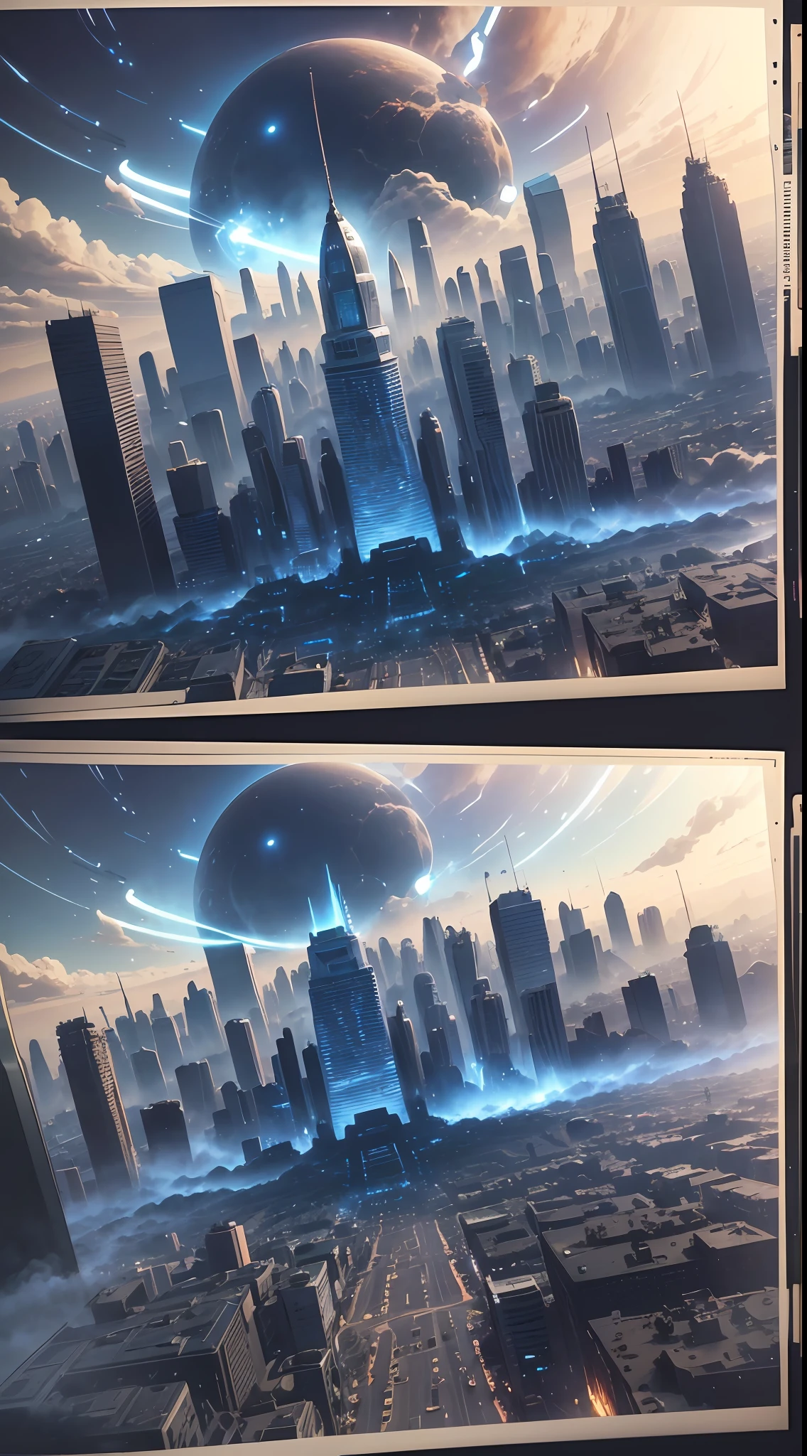 /imagine prompt: [Illustration storyboard] comic page, multiple images on one page: alien spaceship landing on Earth (far view), smoke and dust in the city (medium view), a group of people with weapons, fighting alien creatures (close-up) [multi-camera continuous shooting] cobalt blue and reflective silver, film P30, unequal slash composition, in David Arno Schwaiger style