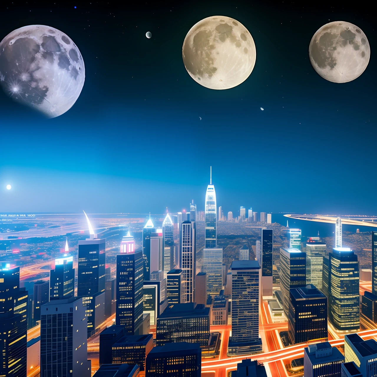 Moon on top of a city with several buildings