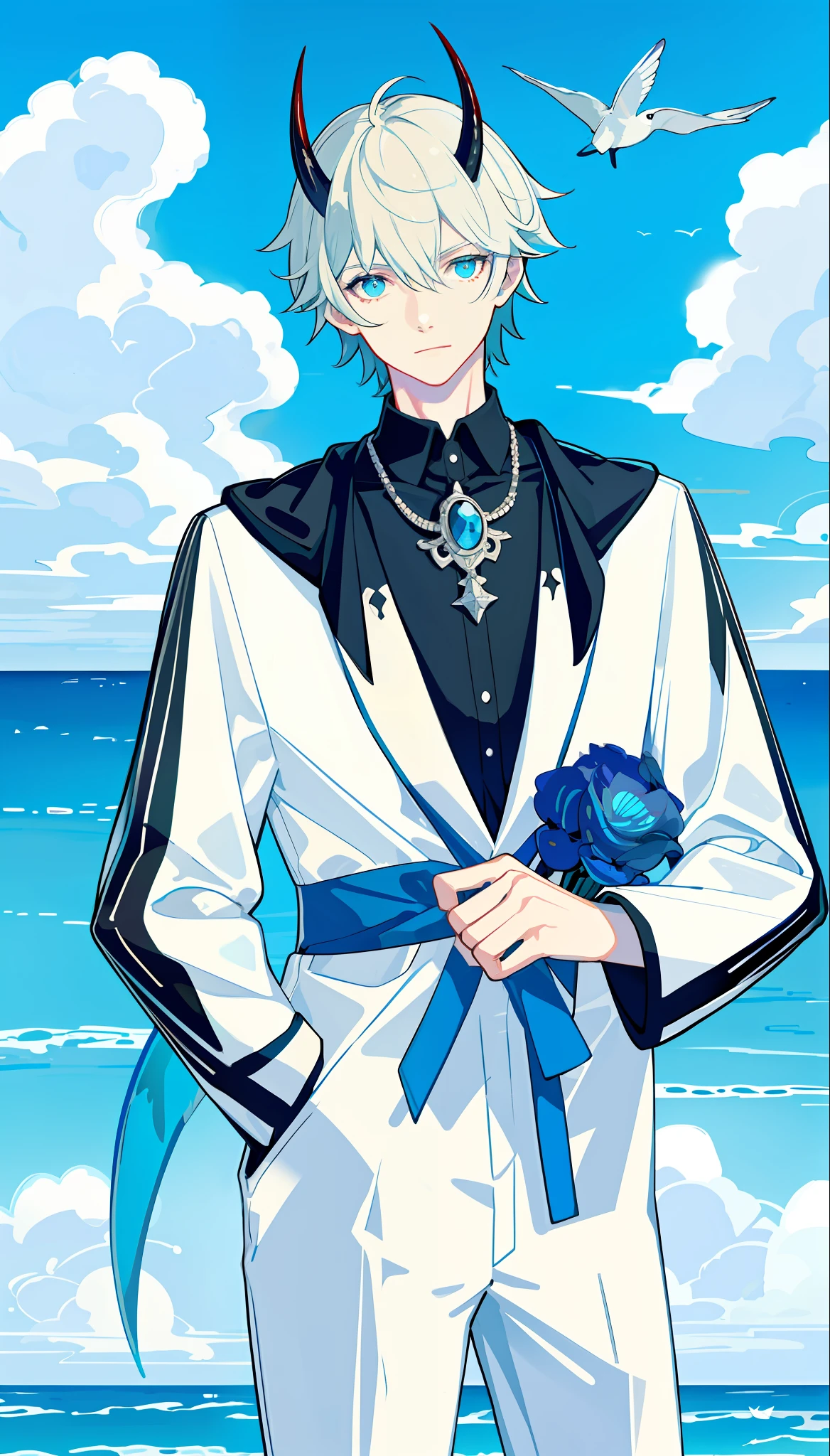 masterpiece, best quality, 1 man, handsome, very short hair, complex pattern, with horns, demon boy, detailed face, best ratio four fingers and a thumb, upper body, casual clothes, big hood, ocean bottom, many birds, blue sky full of extremely bright clouds, bright horizon, bright debris