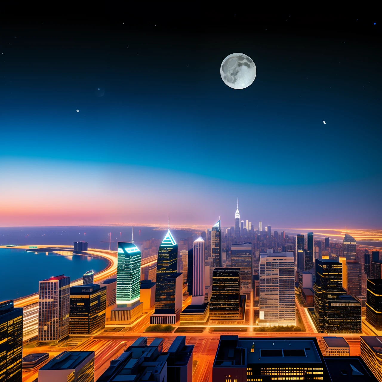 Moon on top of a city with several buildings