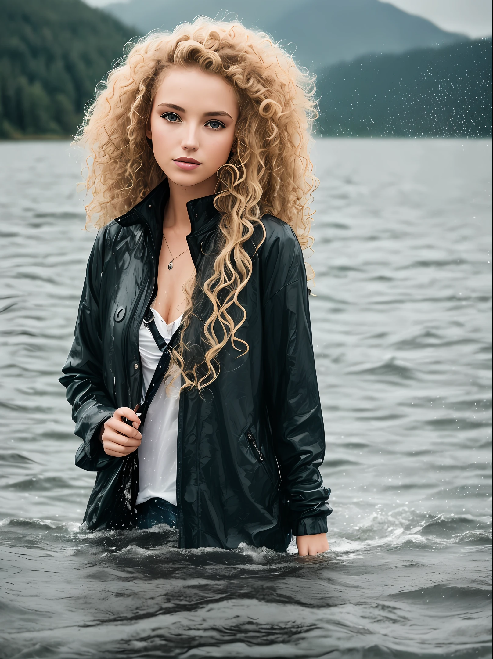 "wide, full, photograph, -old an, blonde curly hair, picturesque, editorial raining wet in middle of lake out of water sad disapointed sarcastic pathetic indifferent --style raw --c 100"