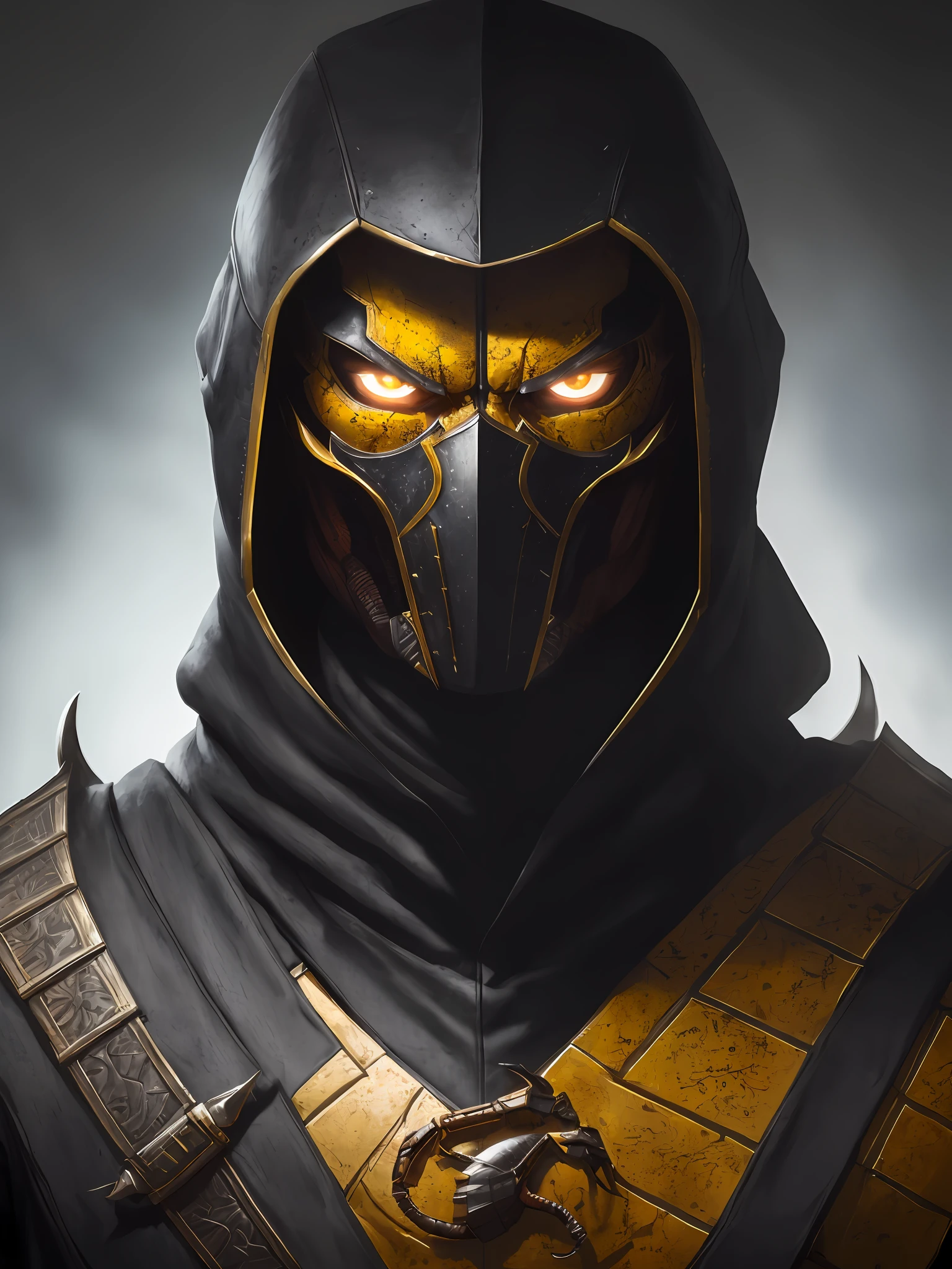 a portrait, scorpion from mortal kombat, detailed white eyes, bladk anc yellow armor, hood, veins on his arm, Intricate, High Detail, Sharp focus, dramatic, photorealistic painting art by greg rutkowski