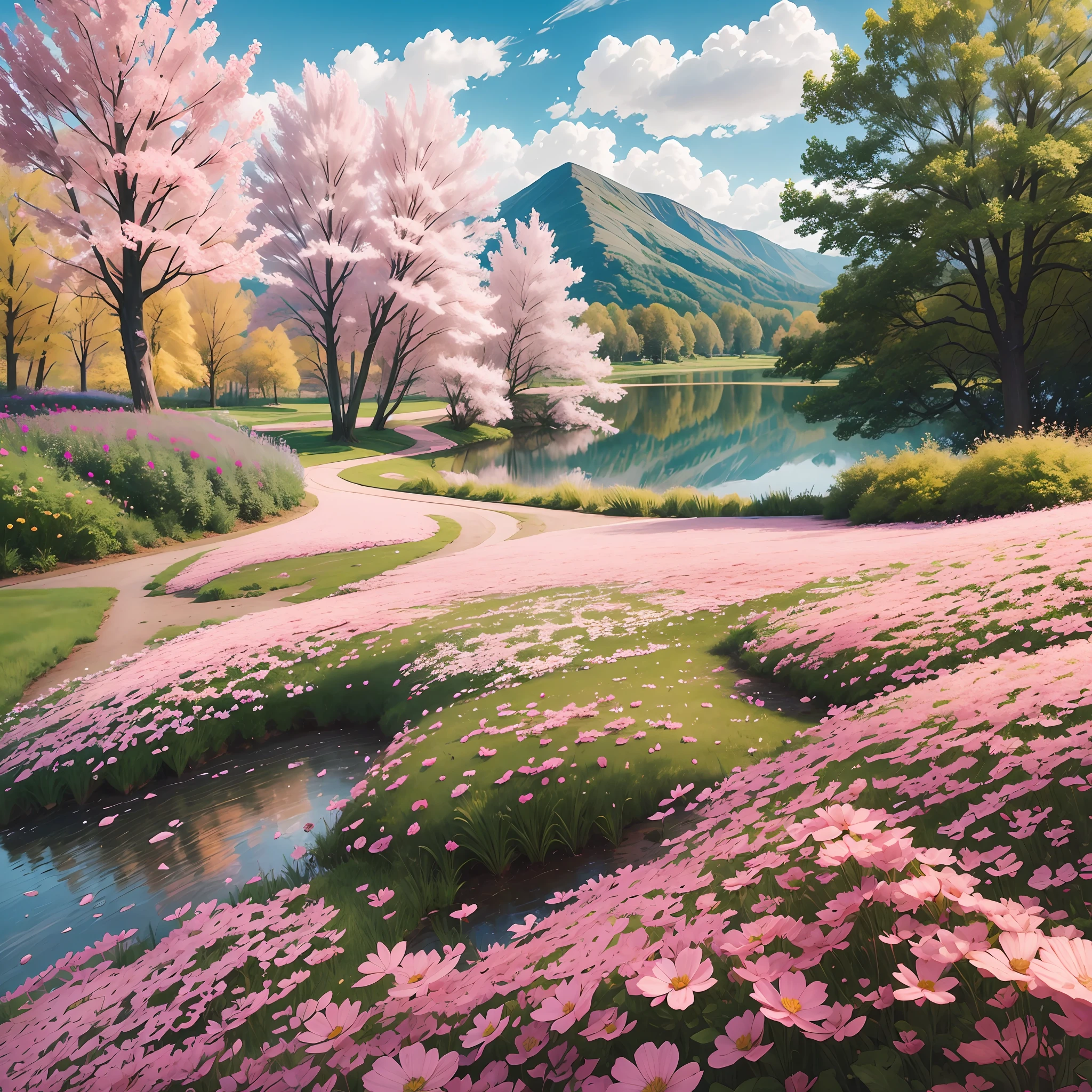 Landscape,pink flowers,flowering path,trees,lake --auto --s2