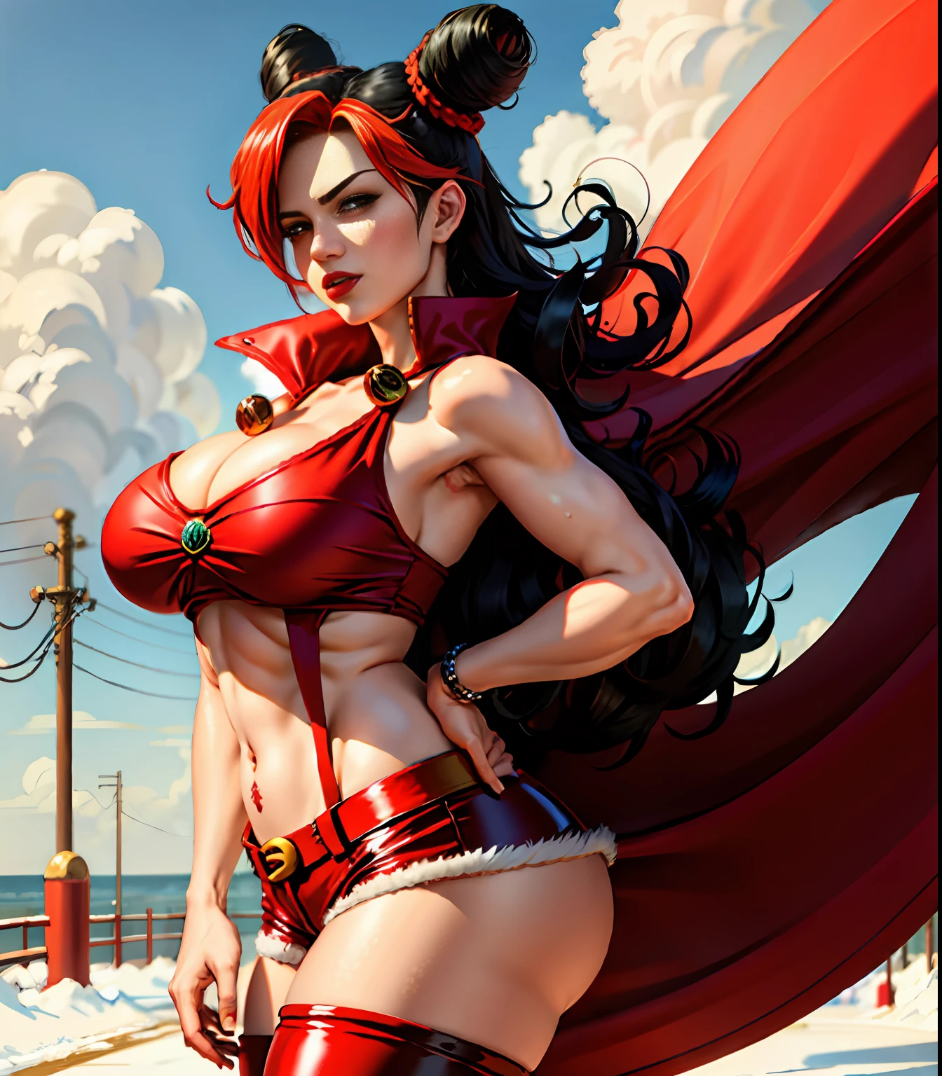 anime art, ((solo)), 1girl, jolynejojo, half body, digital art, masterpiece, big breasts, red and black hair, cropped, sleeveless, santa suit, wearing red pants, snowy weather