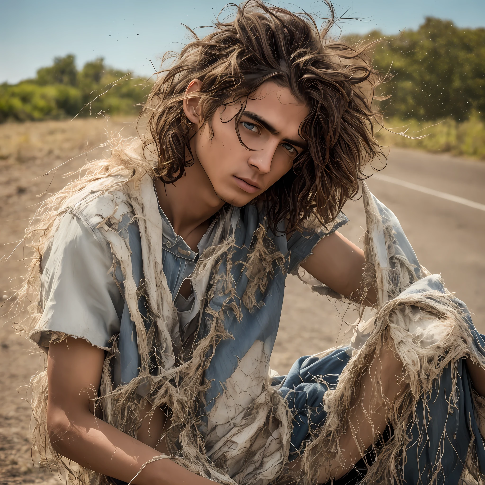 Skinny young man, with downcast face,sitting on the road, (open field) realistic 8k, dirty and torn clothes hair fulfilled torn t-shirt dirty face messy hair looking at sky look in despair --auto --s2