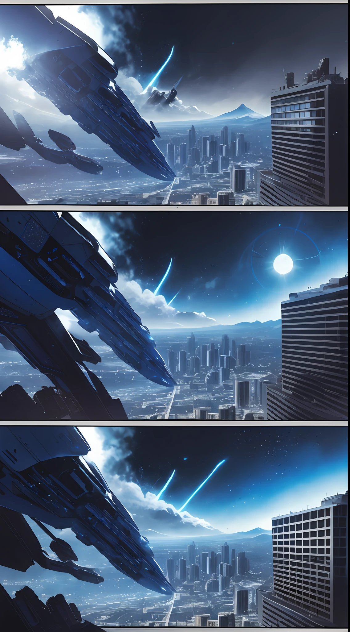 /imagine prompt: [Illustration storyboard] comic page, multiple images on one page: alien spaceship landing on Earth (vista), smoke and dust in the city (medium view), a group of people with weapons, fighting alien creatures (close-up) [multi-camera continuous shooting] cobalt blue and reflective silver, film P30, unequal slash composition, in the style of Aaron Limonick