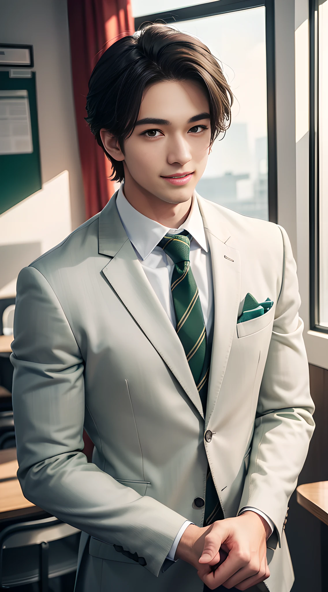 (handsome muscular man), handsome muscular high school man in the classroom of high school, he wears high school green & white checked-color blazer, mischievous smile, (details: 1 1), natural muscles, high quality, beautiful eyes, (detailed face and eyes), ( No face: 1 2), noise, real photo、... PSD, Sharp Focus, High Resolution 8k, Real & Professional Photography, 8K UHD, Soft Lighting, High Quality, Film Grain, FUJIFILM XT3