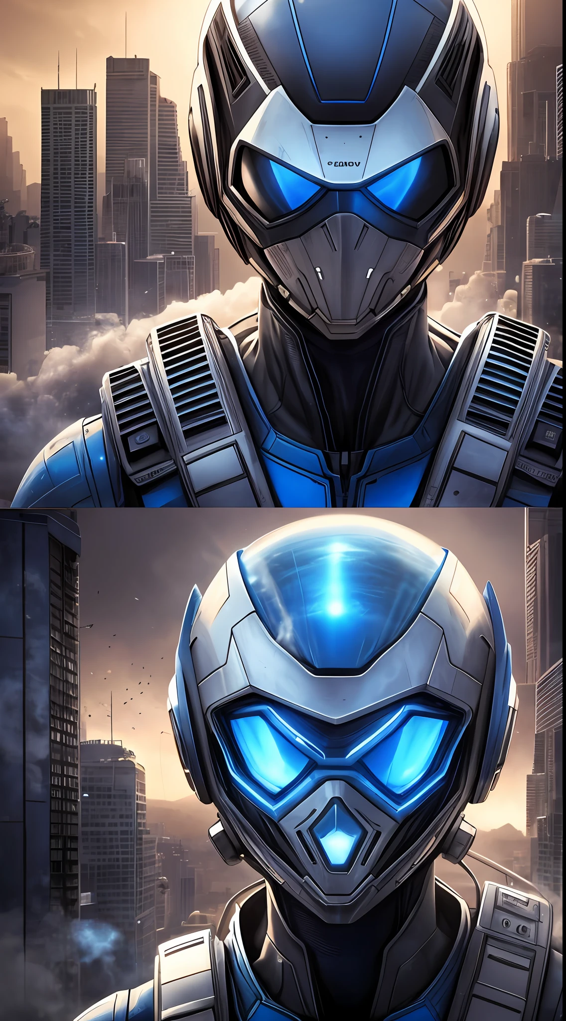 /imagine prompt: [Illustration storyboard] comic page, multiple images on one page: alien spaceship landing on Earth (vista), smoke and dust in the city (medium view), a group of people with weapons, fighting alien creatures (close-up) [multi-camera continuous shooting] cobalt blue and reflective silver, film P30, unequal slash composition, in the style of Aaron Limonick