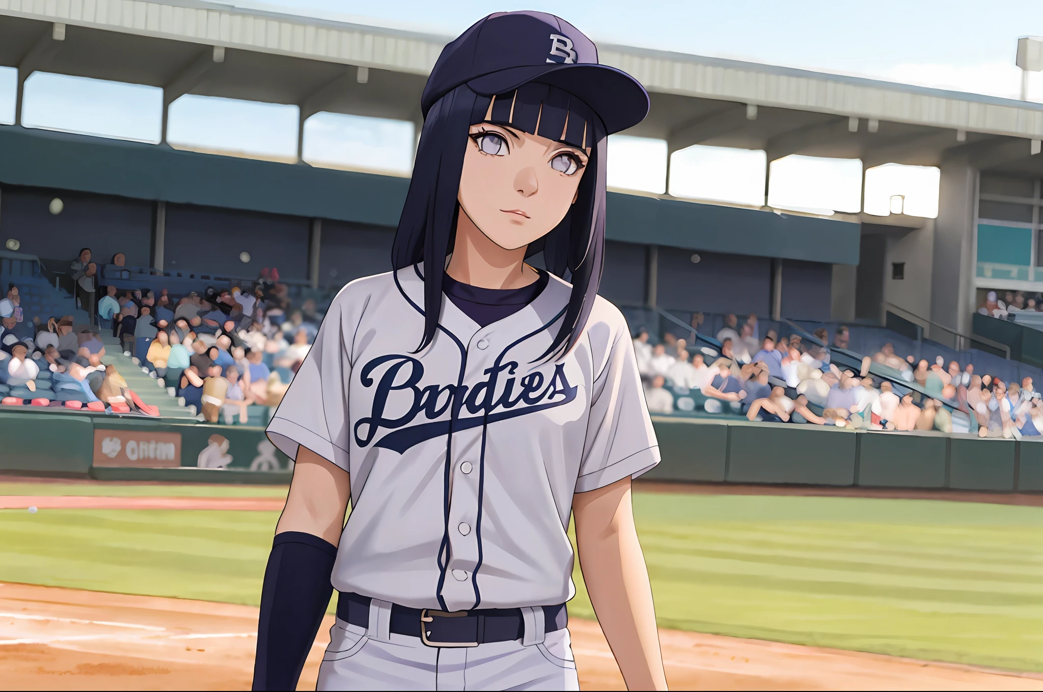 baseball cosplay,  baseball stadium, baseball uniform, solo, 1girl, cowboy shot, detailed uniform, look at viewer, (SIGMA 85mm f1.4), depth of field, bokeh,  detailed realistic background, diffused natural sunlight, diffused natural skin glow, summer, hinata/(boruto/), blunt bangs, long hair, purple eyes, dark blue hair, hat