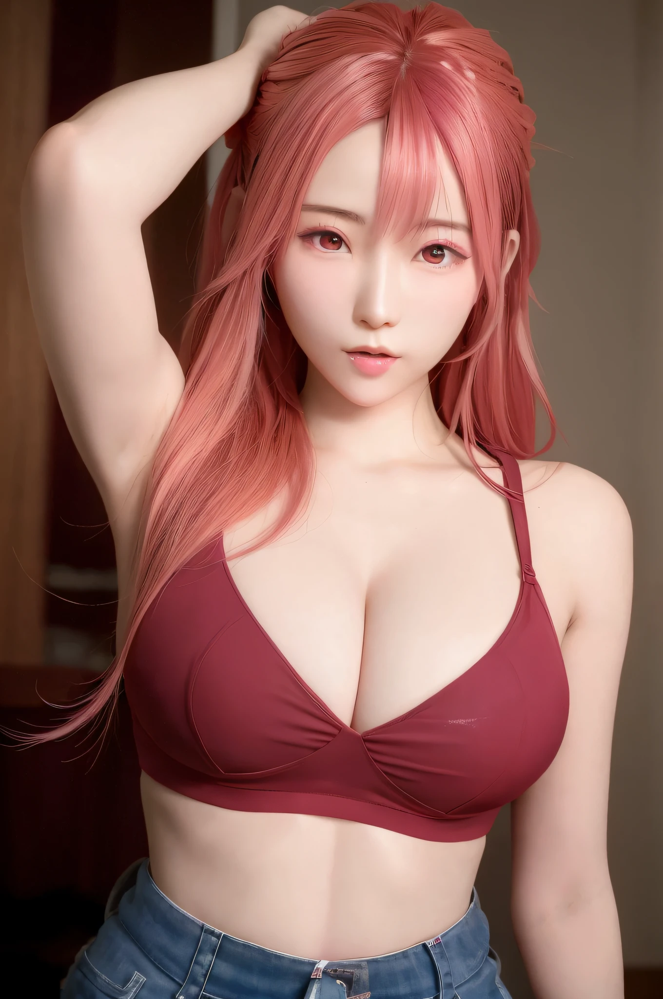 araffed asian woman with pink hair and a bra top, seductive anime girl, gorgeous chinese model, beautiful asian girl, korean girl, gorgeous young korean woman, japanese goddess, beautiful south korean woman, smooth pink skin, realistic young gravure idol, asian girl, beautiful alluring anime woman, biomechanical oppai, beautiful alluring anime teen, red bra