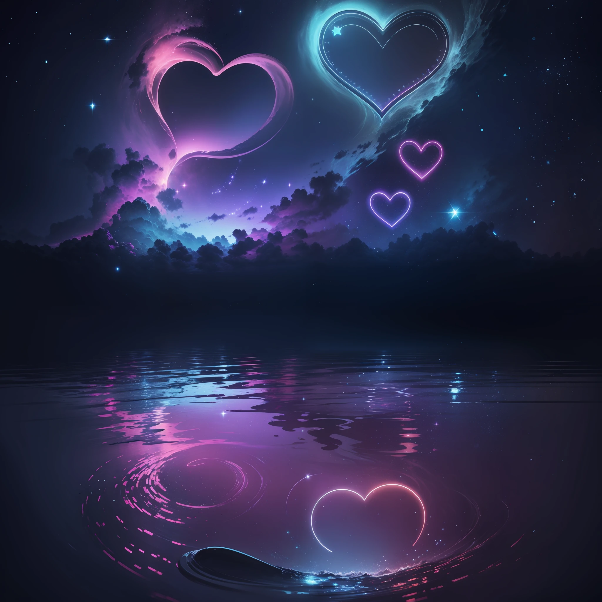 Sky, night, starry, with neon hearts reflecting in the water --auto --s2