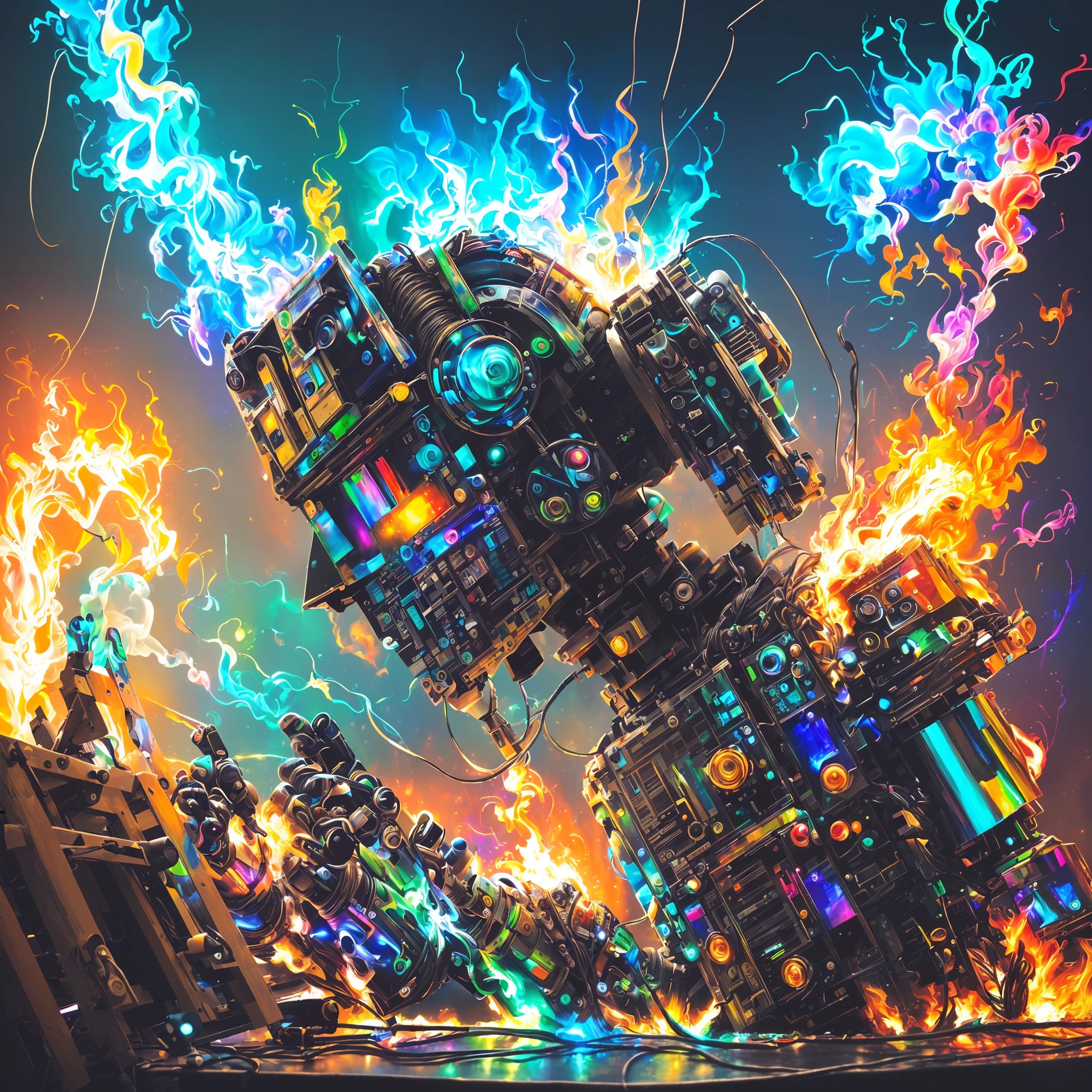 (masterpiece, best quality, highres, absurdres, detailed:1.2), humanoid, robot, wearing headphones, looking away, (cyberpunk, art canvas, paint brush, easel, iridescent, holographic: 1.6), (cables, wires, flames, fire, smoke, overheat, explosion, indoors, room, simple background)
