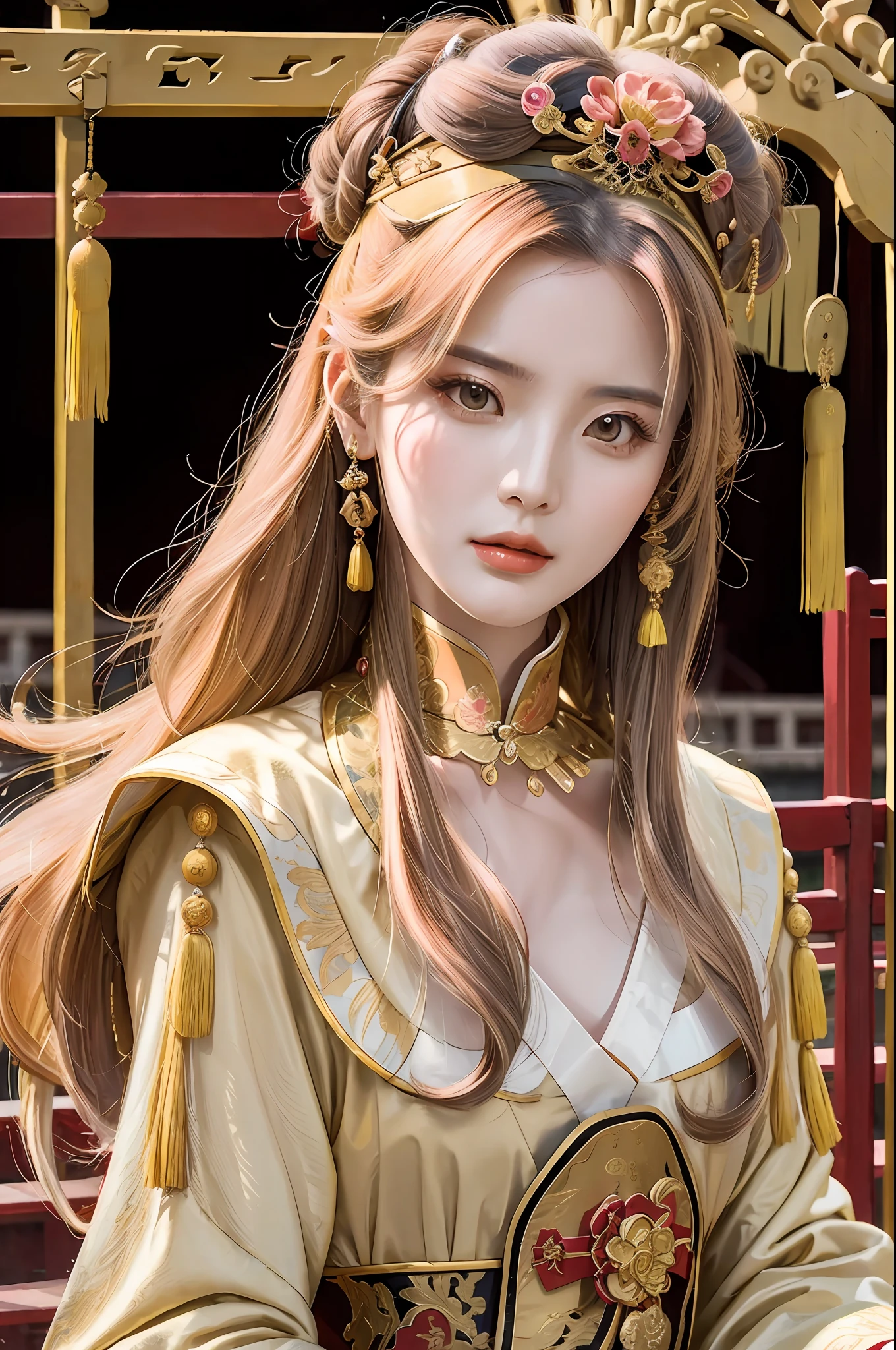 Masterpiece, Excellent, Chinese Imperial Palace, Chinese Style, Ancient China, 1 Woman, Mature Woman, Yellow Long-haired Woman, Pale Pink Lips, Cold, Serious, Effeminate, Bangs,