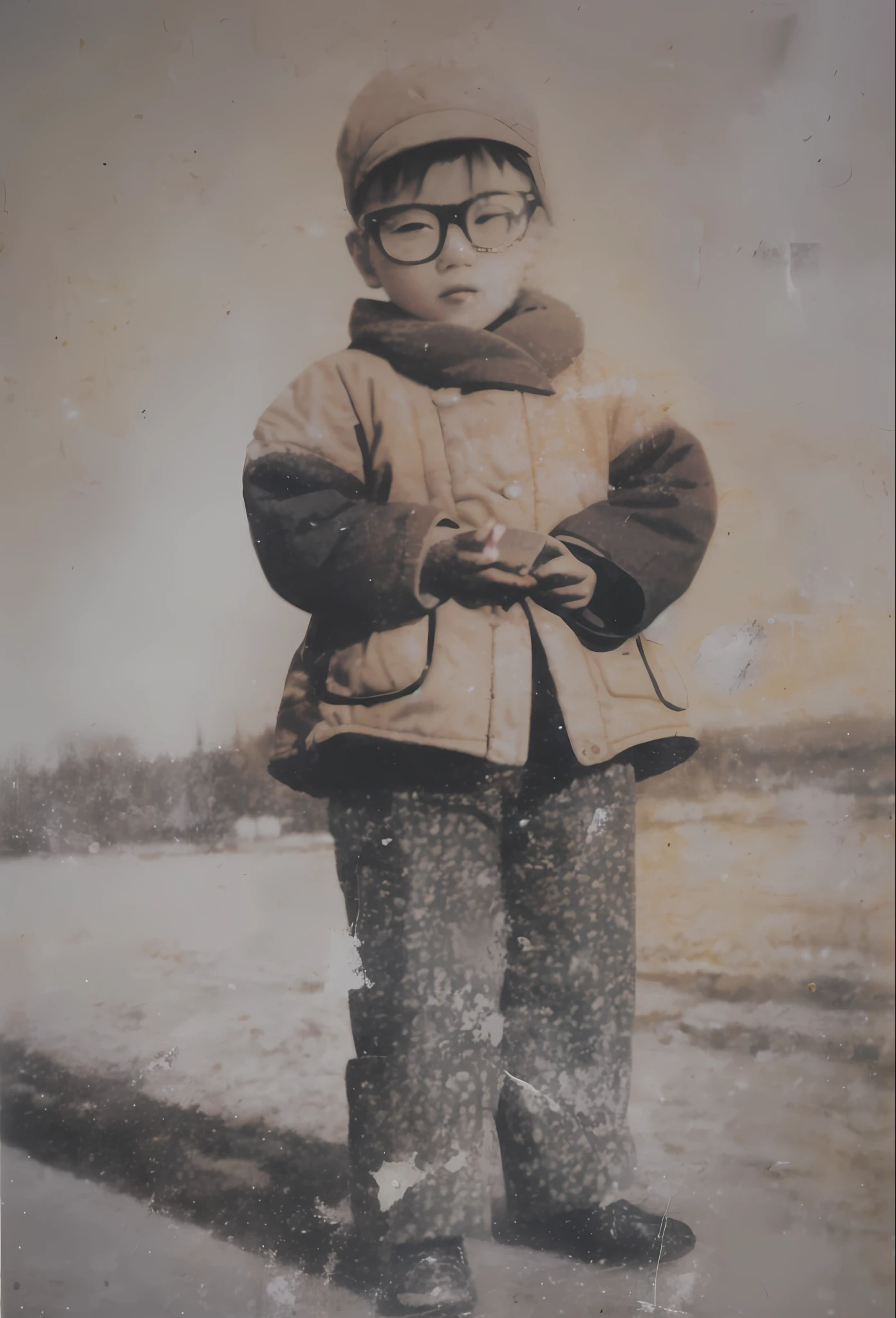 painting of a child in a winter coat and glasses holding a camera, by Riusuke Fukahori, aged photo, jisu choe, very old photo, inspired by Tsuguharu Foujita, real photograph on the street, realistic old photo, damaged photo, by Ryuzaburo Umehara, inspired by Riusuke Fukahori