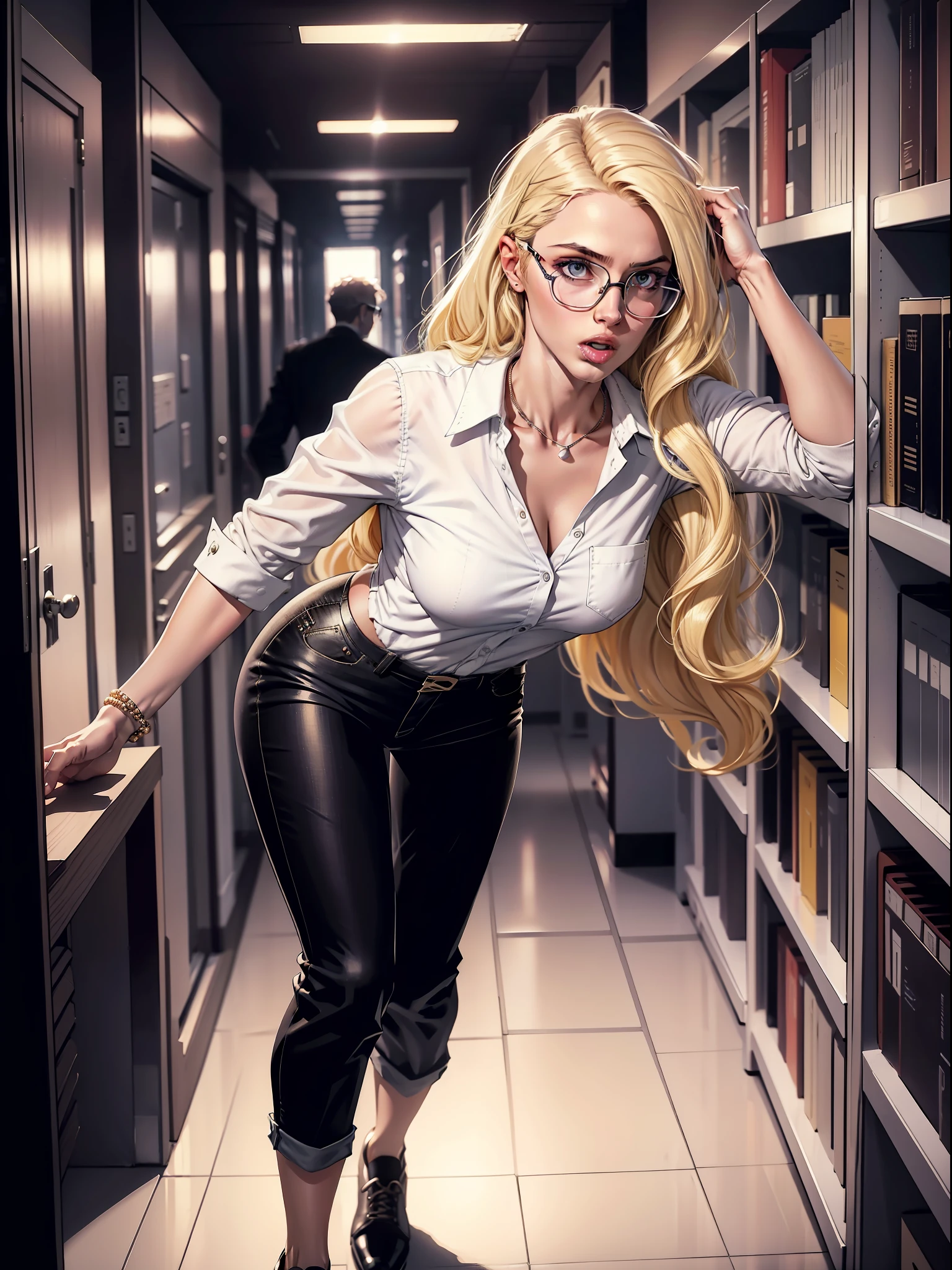 beautiful women, blonde, wears glasses, white scientist clothes, black pants, black shoes, he is leaving a room, looking at the floor, expression of brava.a her mouth ta open as if she had said something, white background --seed4043214799