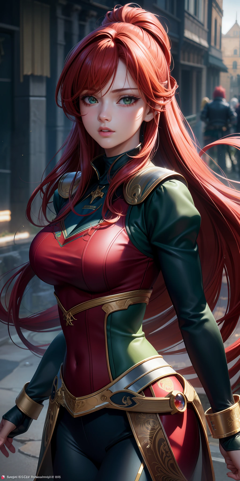 best quality, ultra high resolution, (photorealistic), anime character, 8k resolution, girl, medieval, random red hair, (ultra realistic hair), (ultra realistic eyes), (beautiful face) super detailed, beautiful eyes, beautiful mouth, medium breasts, perfect body, (face only), ((zoom on face)) green, archer, ((thin)), cold blouse, long sleeve.