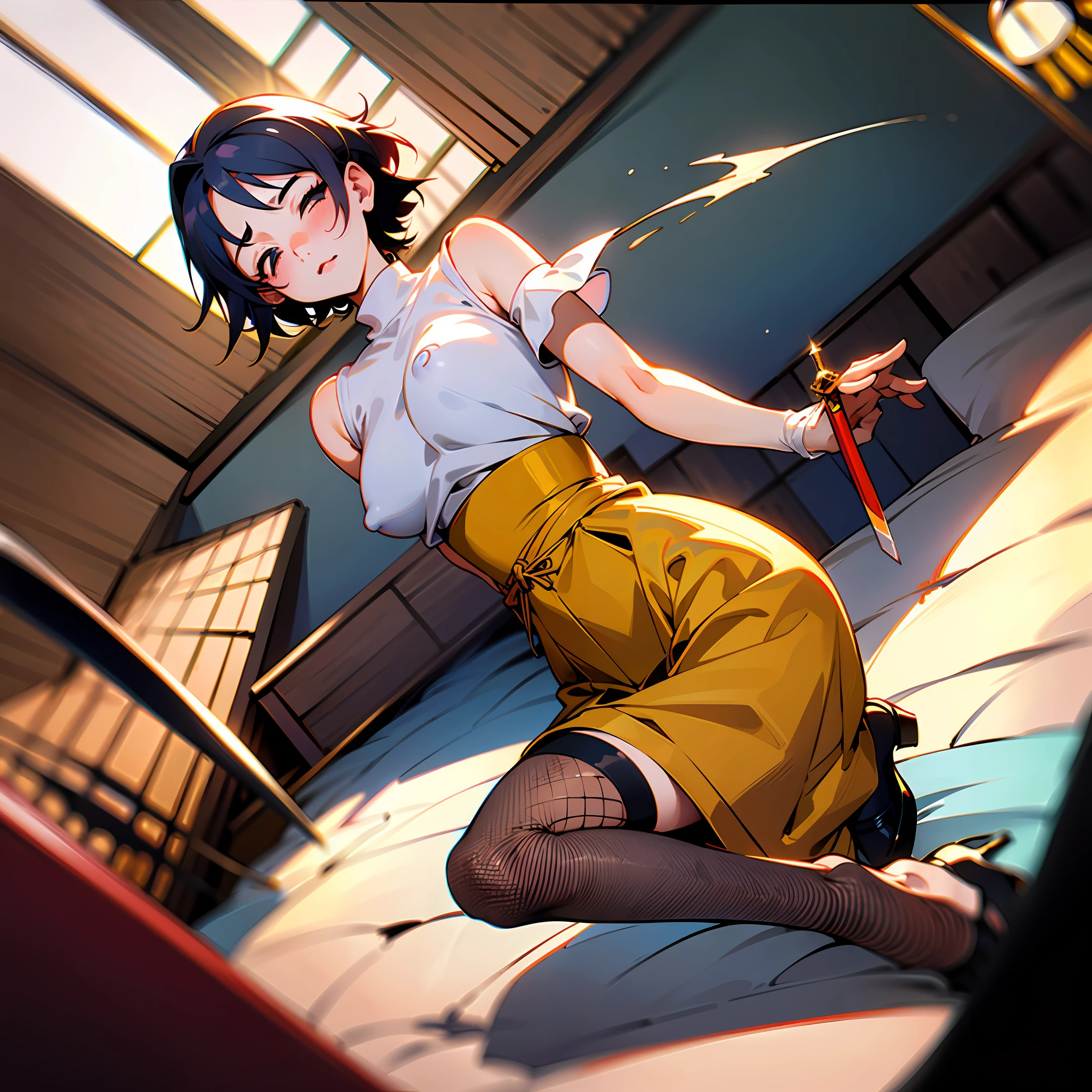 Fucked silly,Sword over shoulder,tanlines,Short hair,nipple tweak,blank eyes,looking at breasts,Wariza,off-shoulder shirt,sleeveless,overall skirt,fishnet thighhighs,leggings,high heels,stuffed toy,living room,painted in the style of Japonism,Hierarchical proportion,drawn by Hirohiko Araki,Perspective control,strong rim light