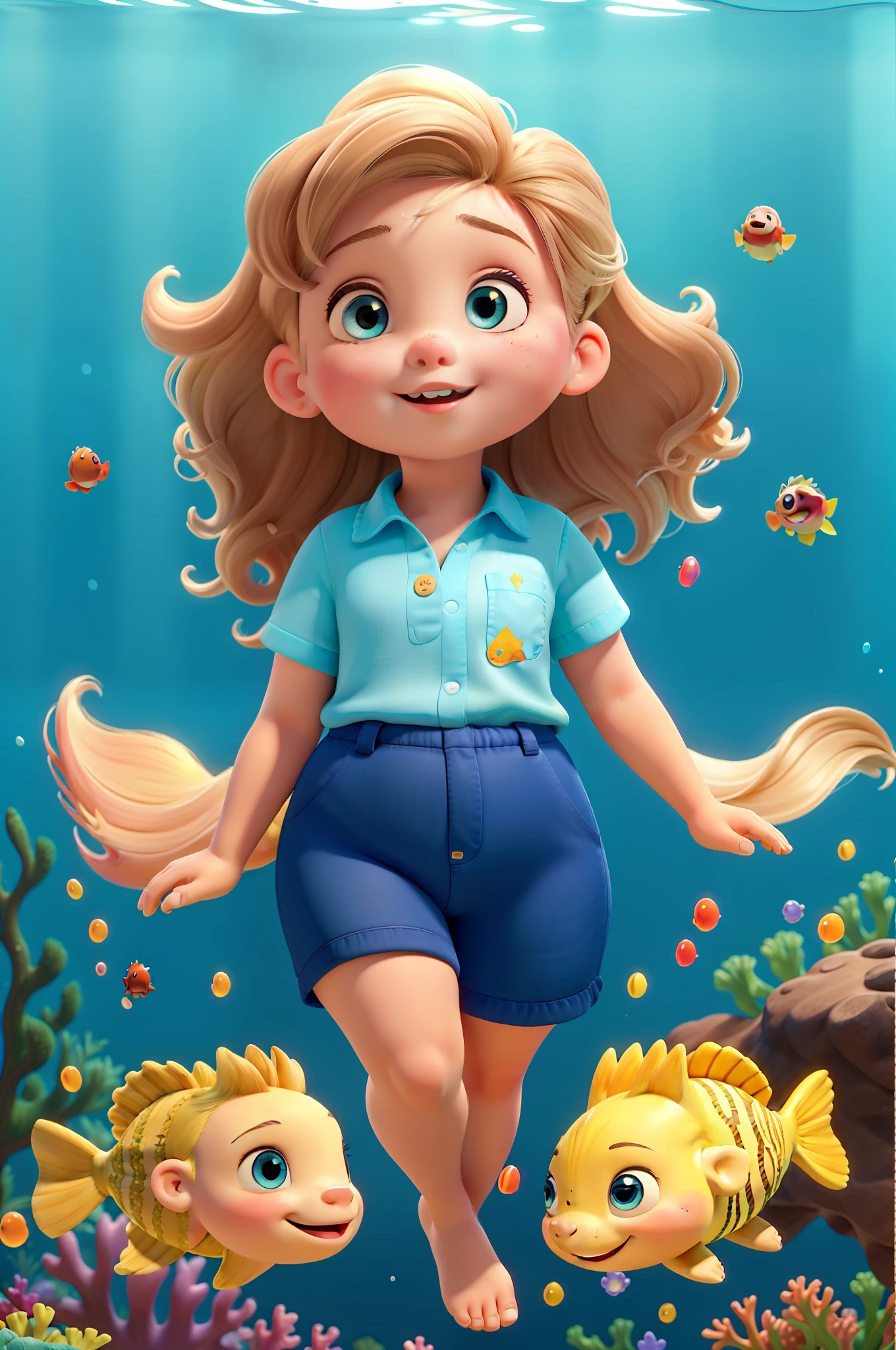 Little chubby girl,Underwater ,(masterpiece), best quality, high-resolution, colorful illustration, a beautiful and confident, curvy girl, (3/4 view), dynamic pose,(1 female), shiny blonde hair, bright blue eyes, luscious lips, revealing,