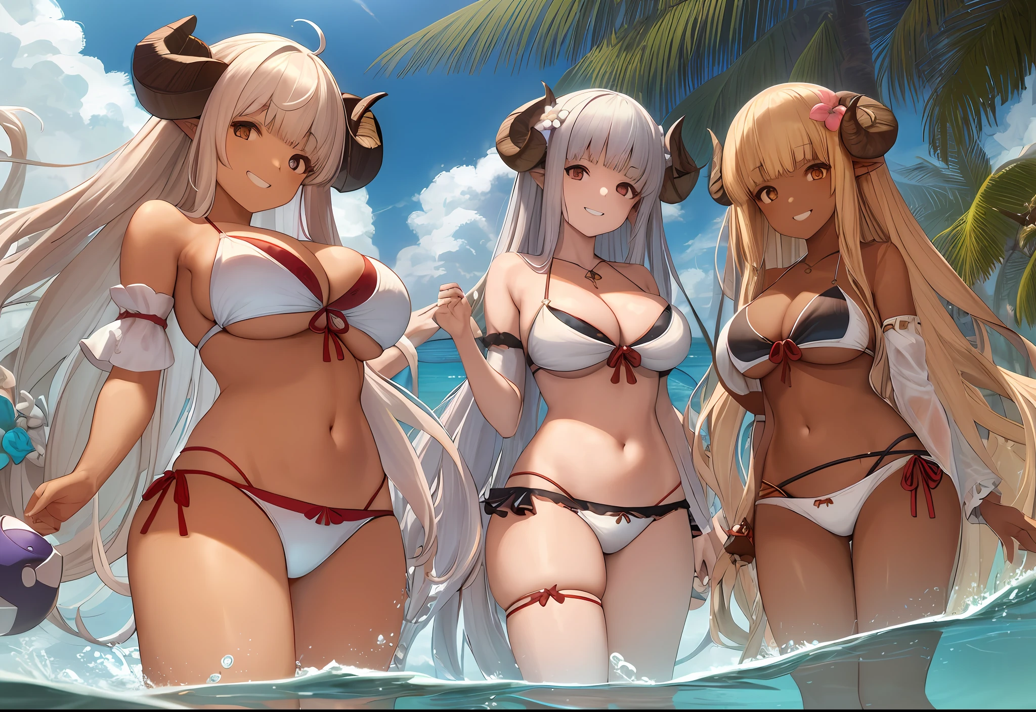 masterpiece, best quality, (3girls:1.2), ADDCOMM
narmaya, white bikini, very long hair, smile, large breasts, standing, cowboy shot, partially submerged, ocean, outdoors ADDCOL
anila, white bikini, sheep horns, hair flower, detached sleeves, hair flower, very long hair, smile, large breasts, standing, cowboy shot, partially submerged, looking at viewer, ocean, outdoors  ADDCOL
kumbhira, halterneck bikini, horns, dark skin, very long hair, grin, large breasts, very long hair, standing, cowboy shot, ocean, looking at viewer, partially submerged, outdoors, sun