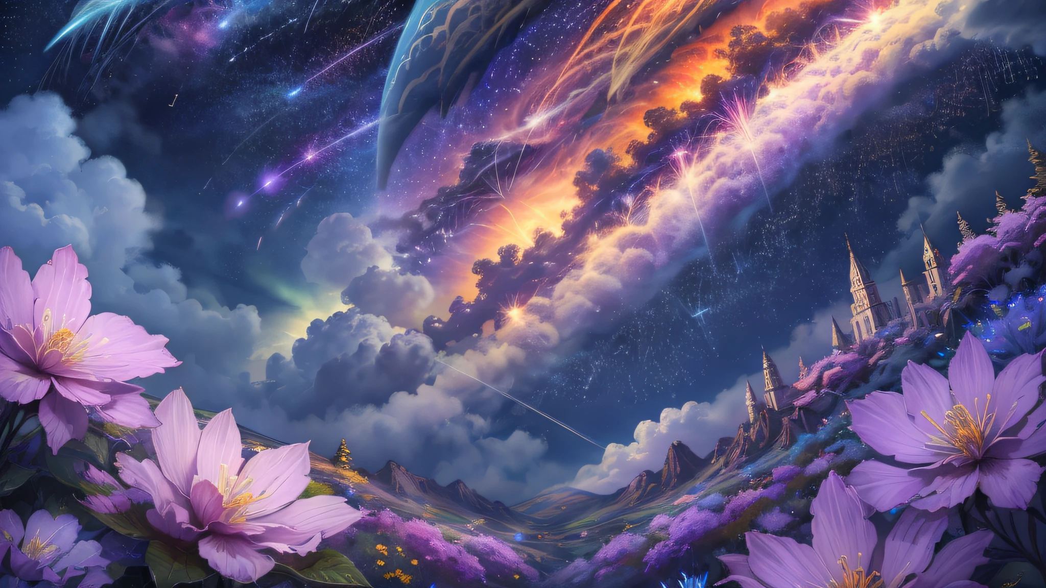 (zoomed out:1.1), (meteor shower:1.2), (comet:1.1), low angle, aroura borealis, shooting star, cloud, colorful, starry, stars, night, flower field, flower blossom, night sky, beautiful flowers, night theme, Surrealism, high detail, from below, from below, Hyperrealism, Impressionism, best quality, masterpiece, UHD, retina, award winning, 4K, anatomically correct, super detail