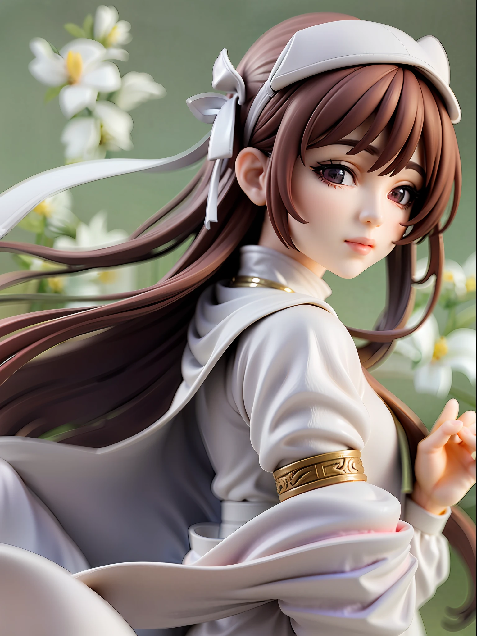 (masterpiece), best quality, ultra-detailed, extremely delicate, floating, high resolution, dynamic angle, (1girl), white wuxia clothes, neck ribbon, beautiful face, flower headband, watercolor, dreamy, soft focus.