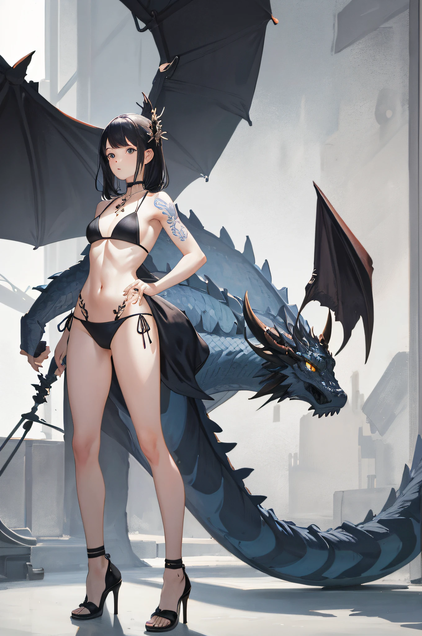 Masterpiece, Superb Piece, Absurdity, Perfect Anatomy, Standing, 1Girl, Solo, Tattoo on the Arm, Bare Shoulders, Sleeveless, Bikini, Dragon Girl, Dragon Horn, Jewelry, Tail, No Clothes