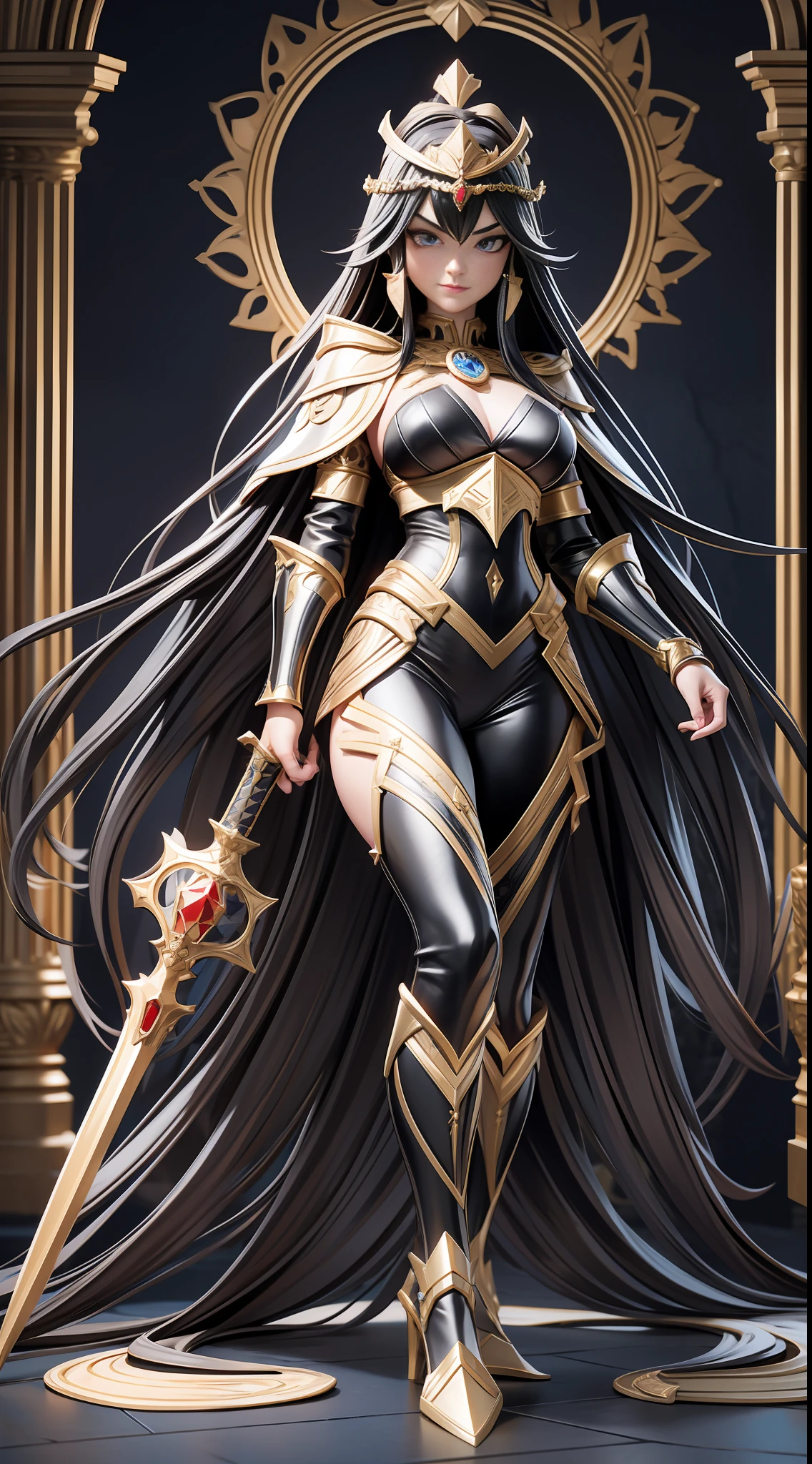 full body picture Unreal Engine 5 8K UHD of beautiful women, black long hair, queen, royal golden armor with details, black chainmail bodysuit underwear, red cape, female royal knight, formal pose, holding steel sword with ancient language, flying ancient language effect, stand in palace, gold crown with diamonds, best quality, masterpiece