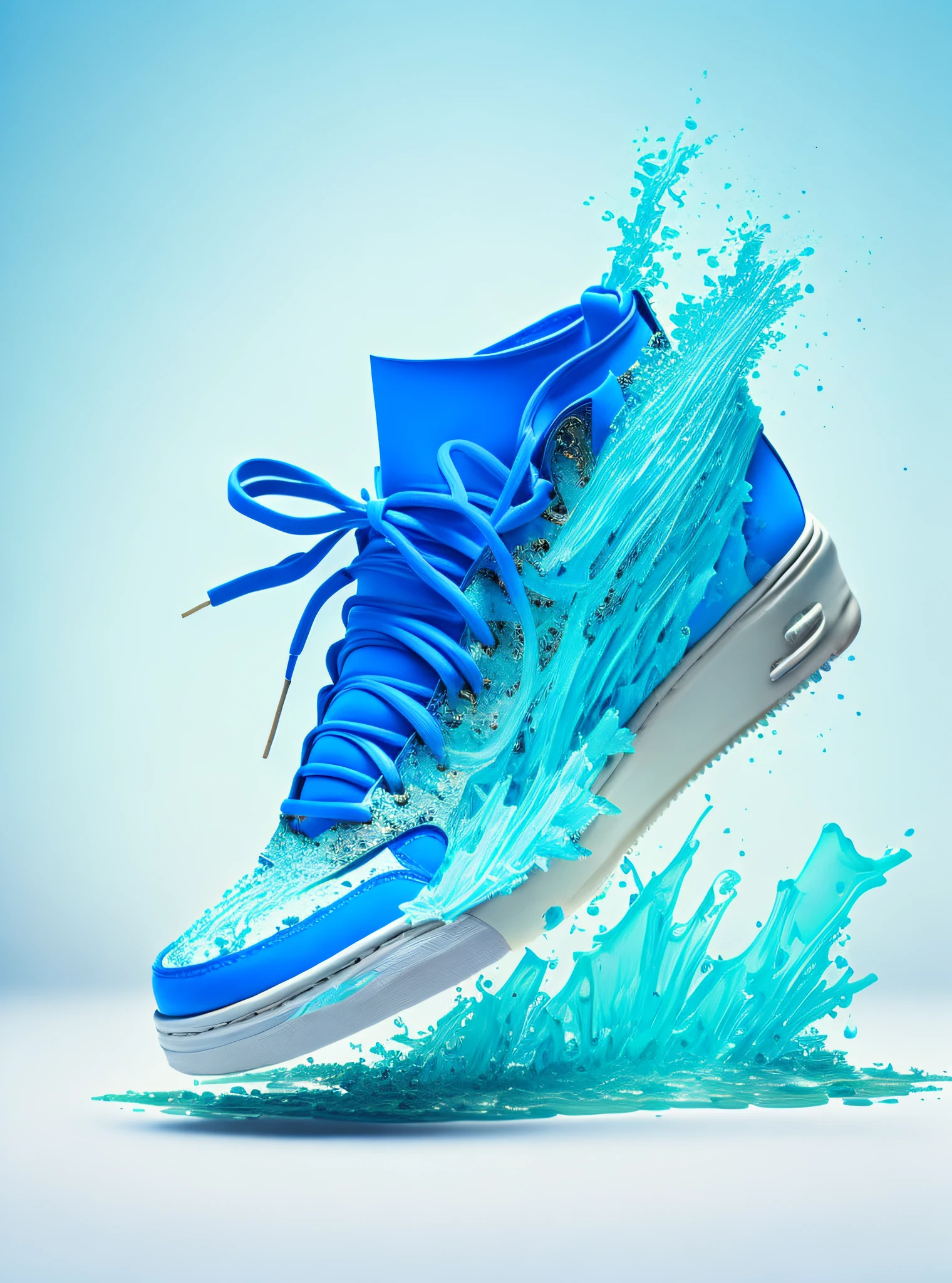 shoeai, sneakers, a blue shoe made out of water, shards of water, powerful explosion