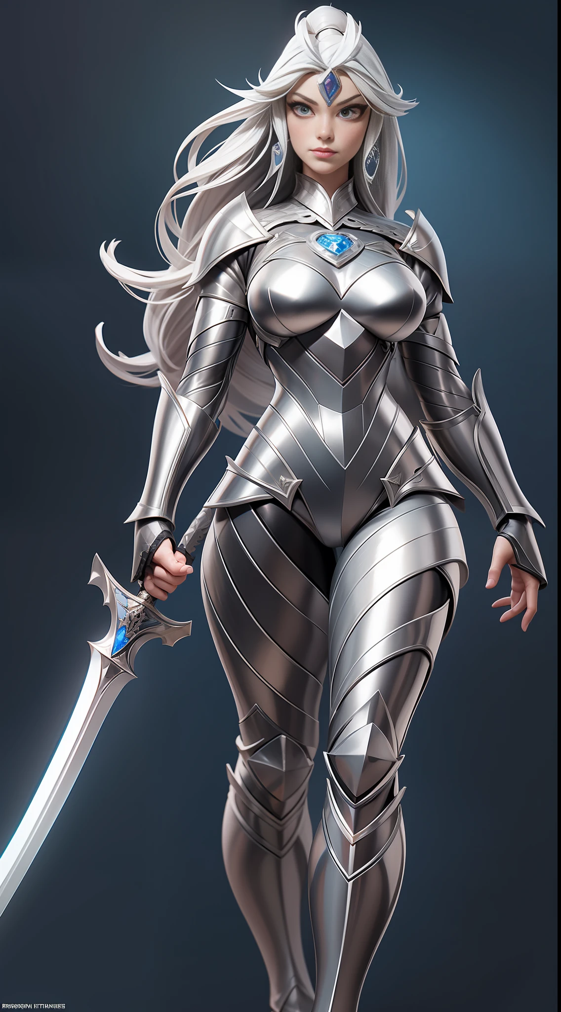 full body picture Unreal Engine 5 8K UHD of beautiful women, light grey hair, princess warrior, royal silver armor with details, black chainmail bodysuit underwear, female royal knight, formal pose, holding steel sword with ancient language, flying ancient language effect, best quality, masterpiece