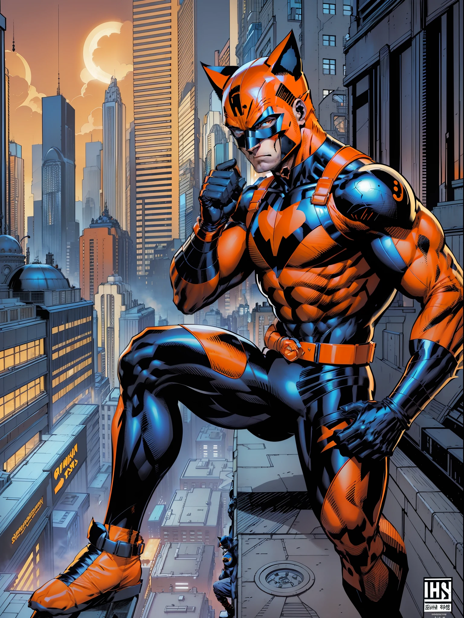 Beautiful man of 22 years, orange mask with feline ears, orange brusa, black long sleeves, orange gloves, black belt, orange and black pants, black shoes, Super Hero, full body character, on top of a building looking at the view, city background, cover of HQ --seed661709413