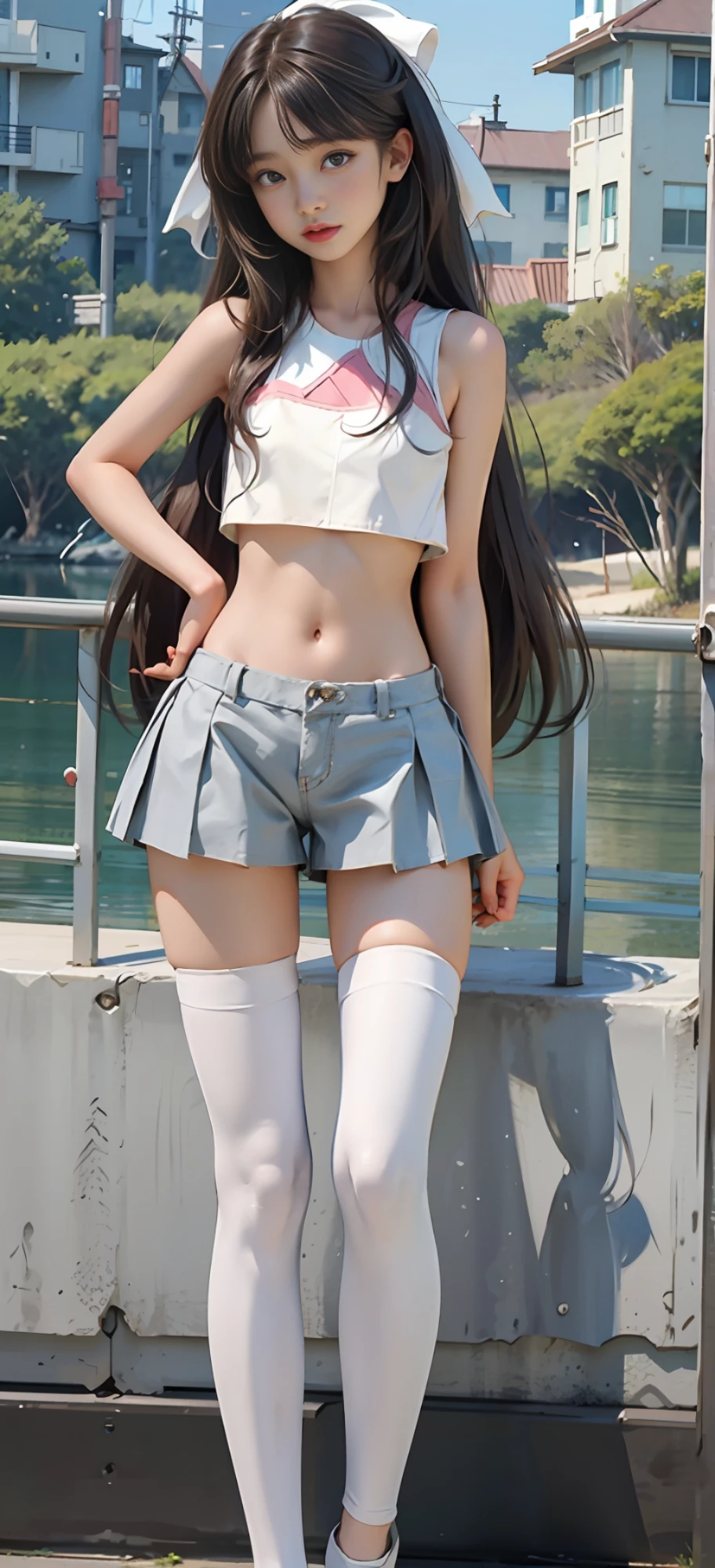 A Korean beautiful girl wearing a white vest and leggings and shorts, slender figure, full-body photo, long brown hair, bangs hairstyle bow, melon seed face, big eyes of Shui Lingling, sexy small mouth, slightly upturned lips, medium chest, background seaside park, sexy and charming, standing, super shorts, slim figure, sexy and charming