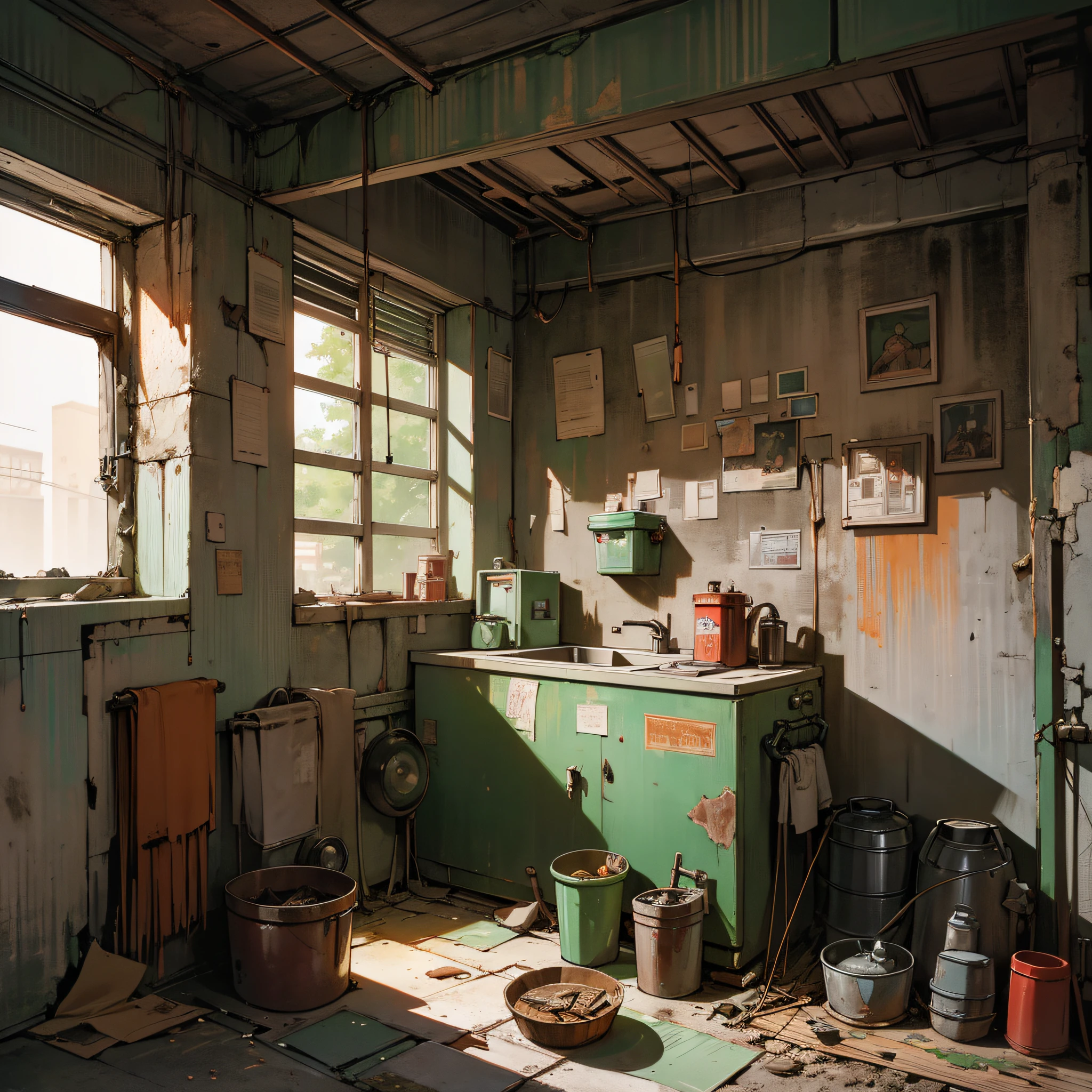 Abandoned house, kitchen, pot, Dojunkai apartment Surreal and very detailed illustrations, images with objects very loaded, viewpoint from below, dirty cement stairs with cracks, trash cans, metal walls, cables, poles, rusty pipes, wall pipes, electricity meters, gray and dark walls, empty boxes, old paper on the floor, damaged wall paint, metal and rusty scrap, mechanical parts (rusty, brown), dim lighting, very dark landscape shadows, red and green neon lights, moisture, wooden, entrance, evening, toys, cute, lots of green empty bottles, tableware, refrigerator --auto --s2