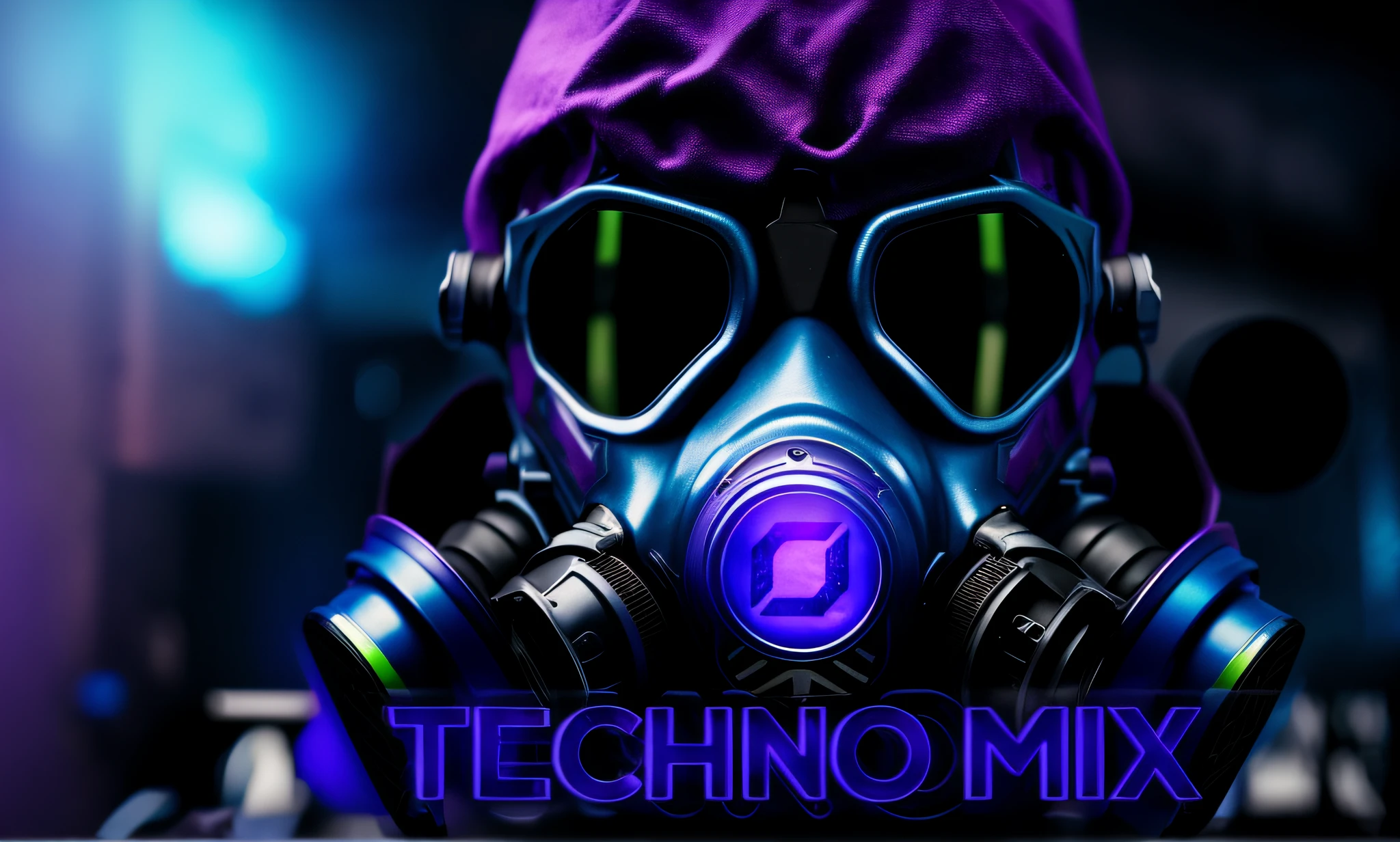 a closeup of a person wearing a gas mask with a blue and purple hood, masterpiece, best quality, realistic, half-body photo, title "TECHNO MIX", techno art, techno eyes, techno eye, techno-punk, technopunk, blue cyberpunk background, 8k, unral engine 5