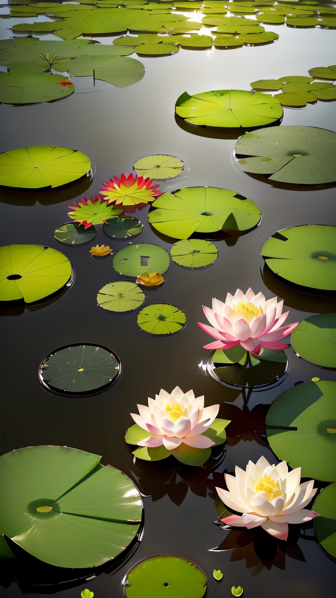 Masterpiece, exquisite, beautiful scenery deep in the lotus pond, (colourful, vivid, sunny, cool light: 1.2) lotus leaves in the pond. high quality high quality