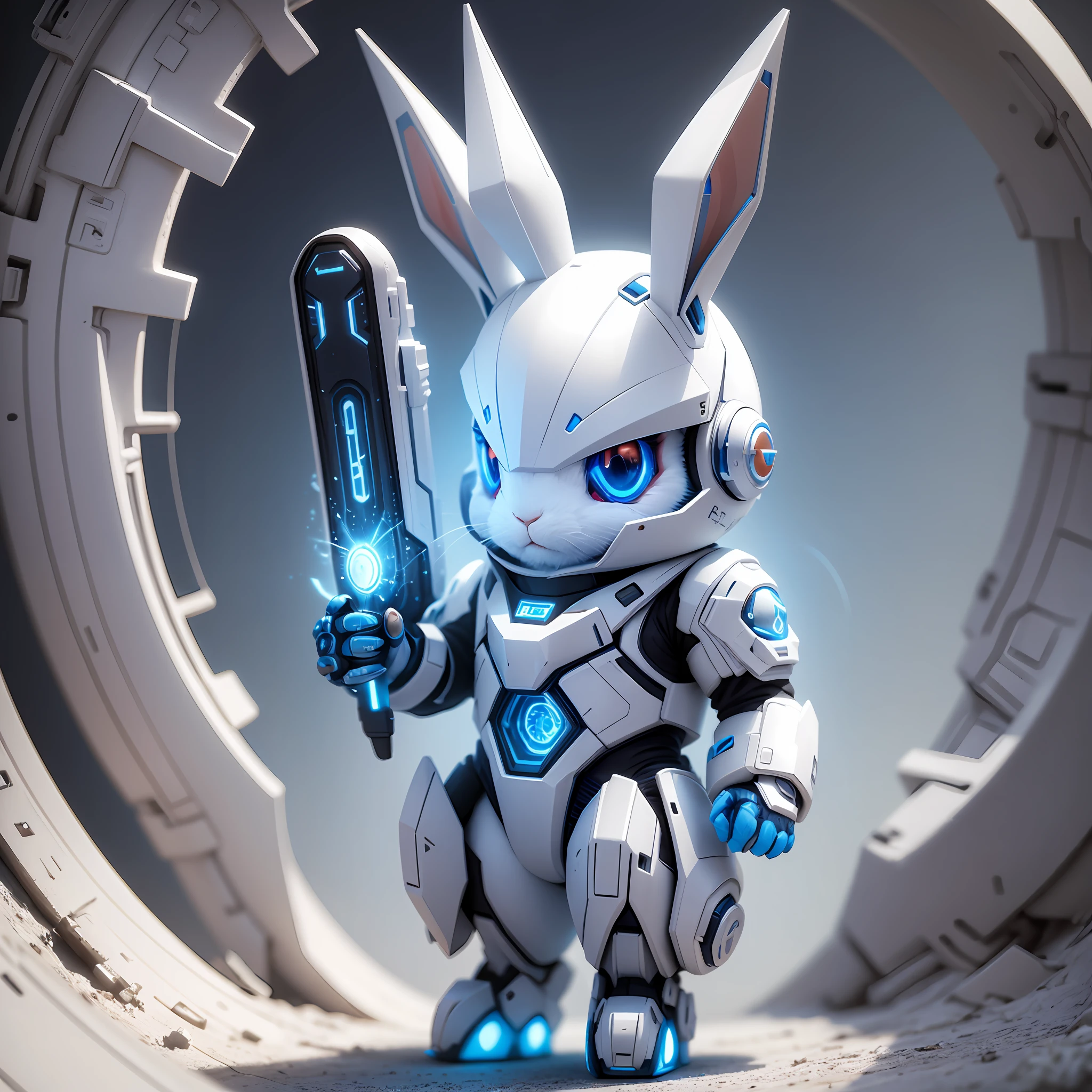 rabbit, futuristic, white with blue details, cute, 3d, with technological parts --auto --s2
