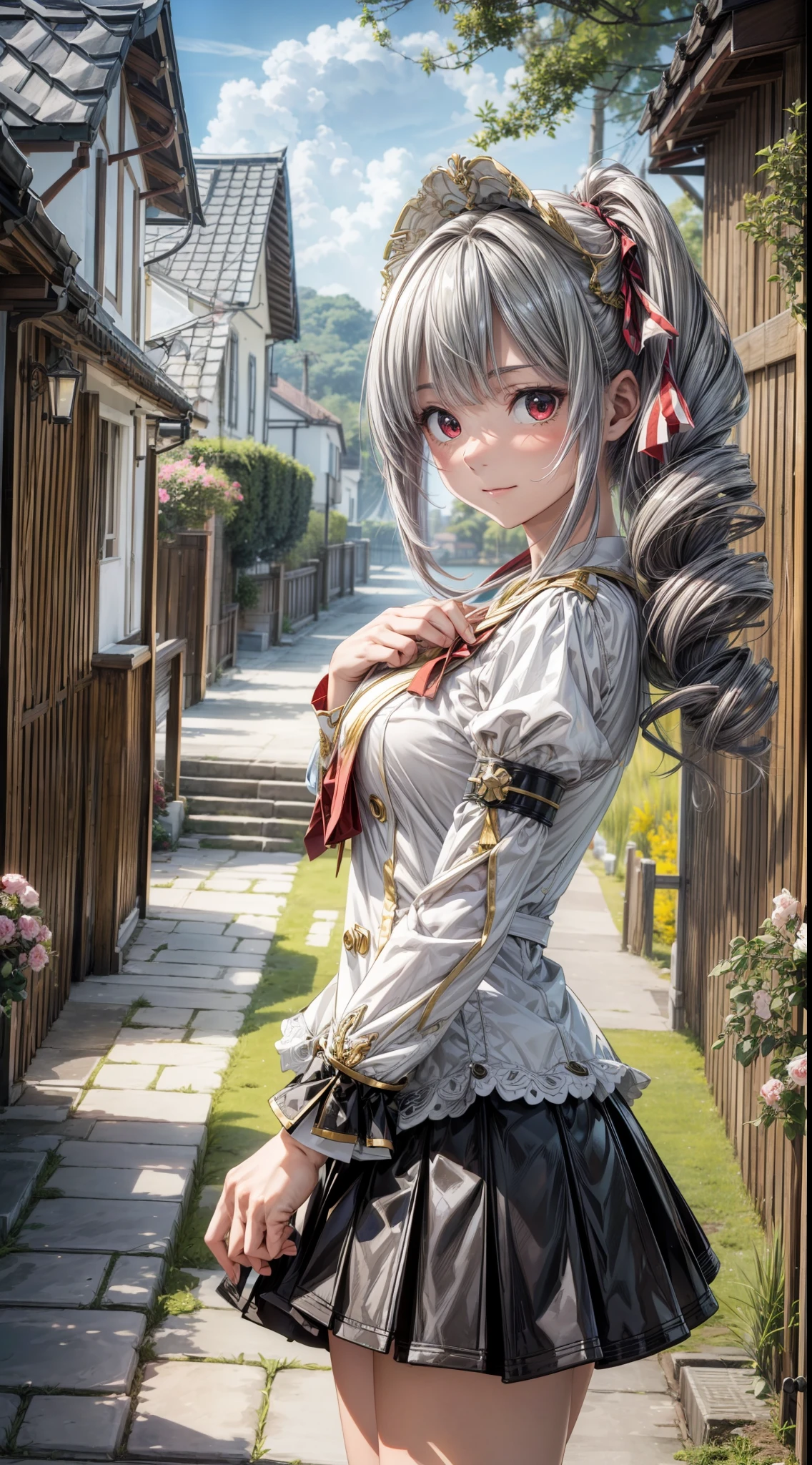 best quality, ultra-detailed, high resolution, extremaly detailed cg, anime style, 8k, nice hands, perfect hands, perfect body, pov, (red eyes), (grey hair), twin drills, drill hair, ribbon, cross-eyed, embarassed, swet, datailed and beautiful blue skirt and yellow blouse, detailed and beatiful face and eyes, ((gleaming skin)), shiny hair, (detailed and beatiful shiny clothes, village by the sea, in front of the wooden house in the countryside, cloudy sky