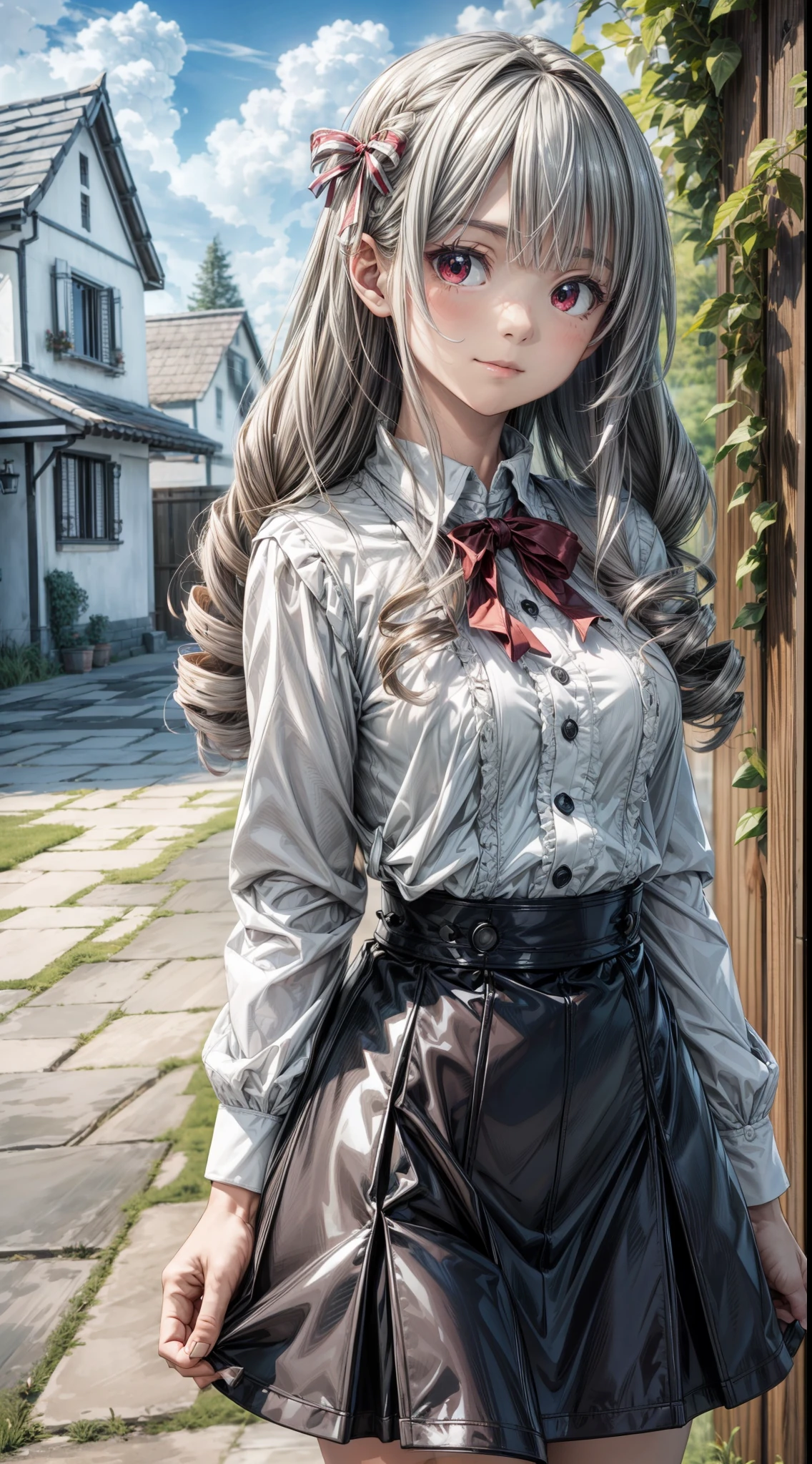 best quality, ultra-detailed, high resolution, extremaly detailed cg, anime style, 8k, nice hands, perfect hands, perfect body, pov, (red eyes), (grey hair), twin drills, drill hair, ribbon, cross-eyed, embarassed, swet, datailed and beautiful blue skirt and yellow blouse, detailed and beatiful face and eyes, ((gleaming skin)), shiny hair, (detailed and beatiful shiny clothes, village by the sea, in front of the wooden house in the countryside, cloudy sky