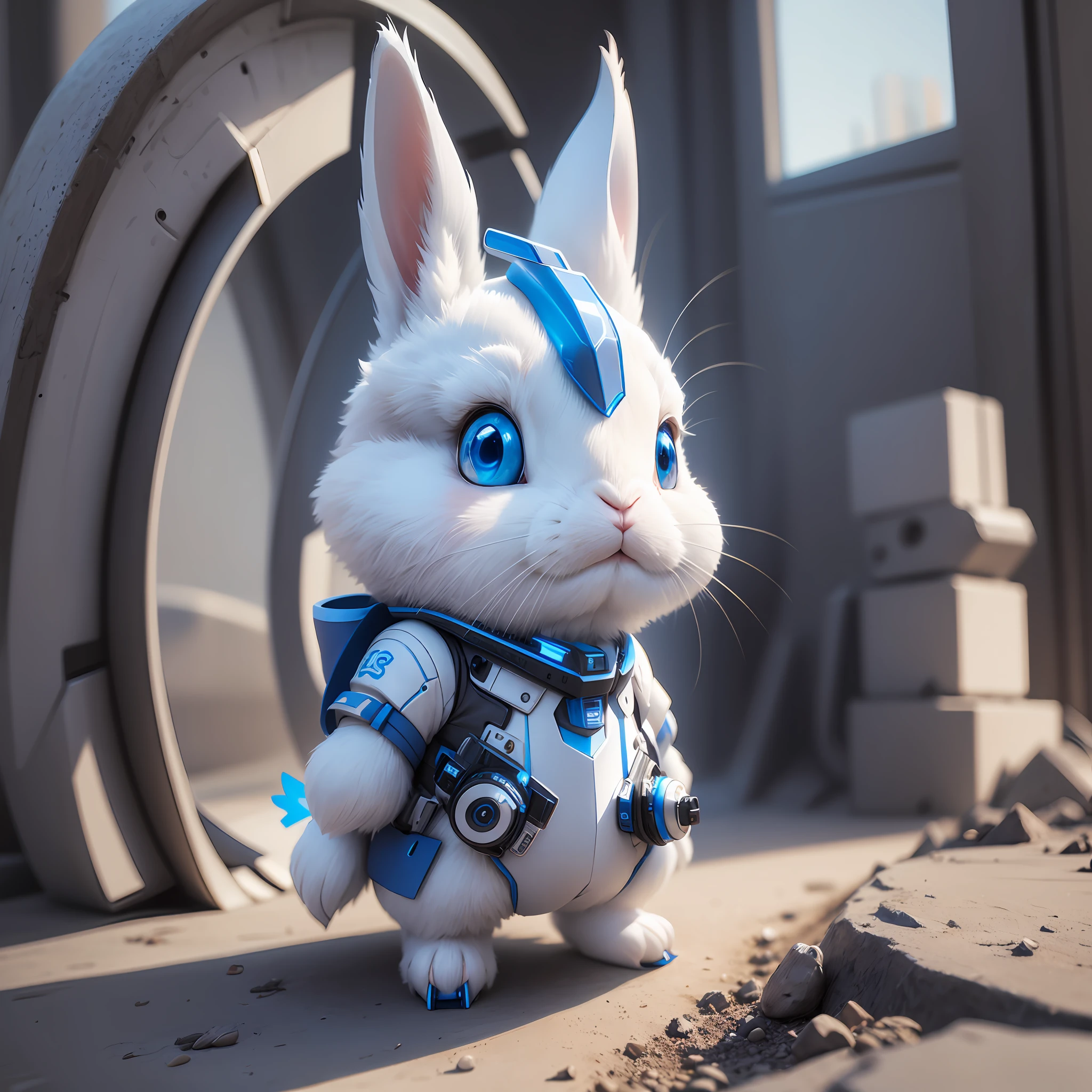 rabbit, futuristic, white with blue details, cute, 3d, with technological parts --auto --s2