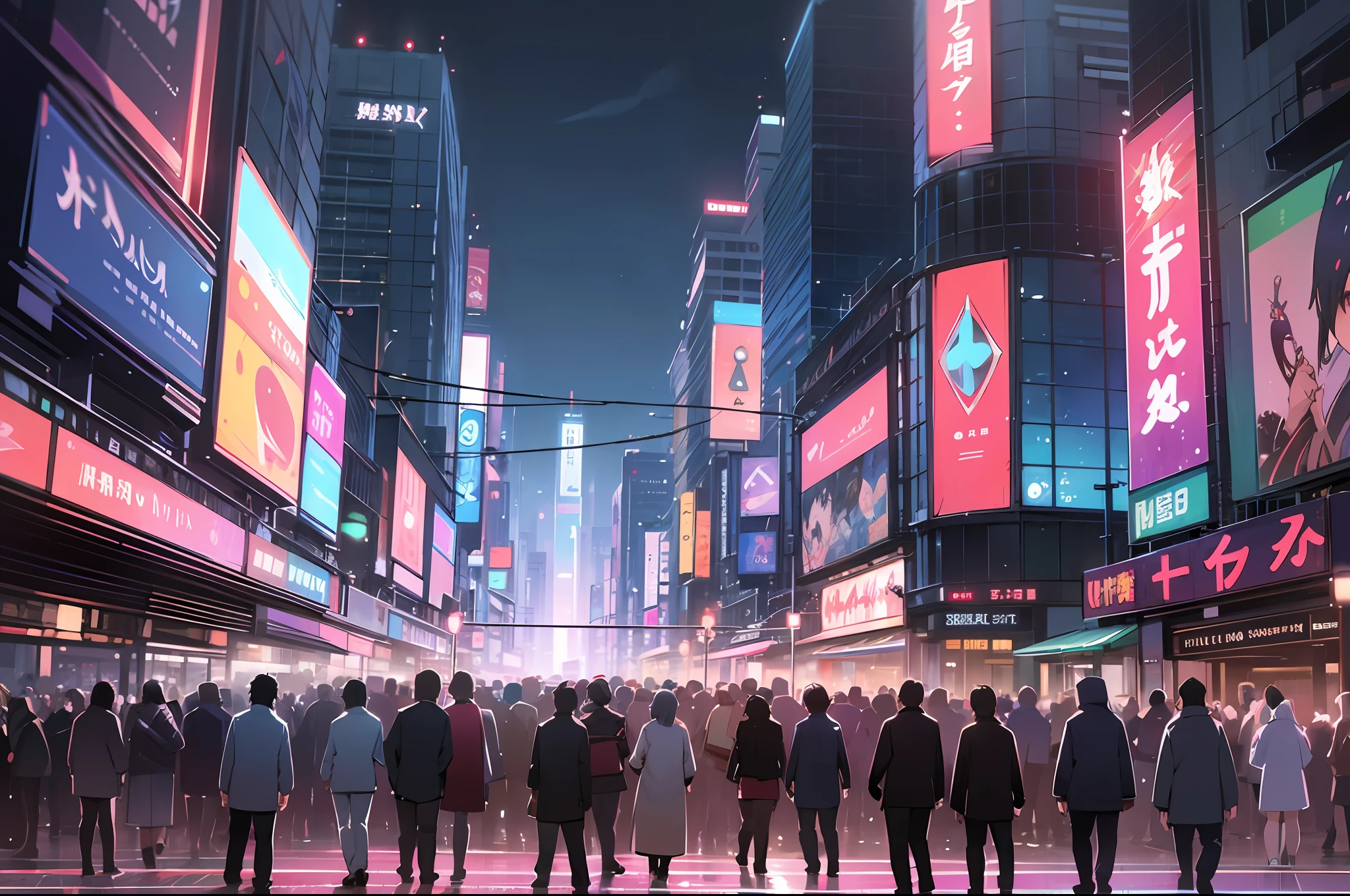 Bright lights and bustling nightlife, night, 8k resolution, very detailed, clear images, digital painting, concept art, fashion trends on pixiv, Makoto Shinkai's style, eyes focus, gradient colour eyes, jewel_like eyes