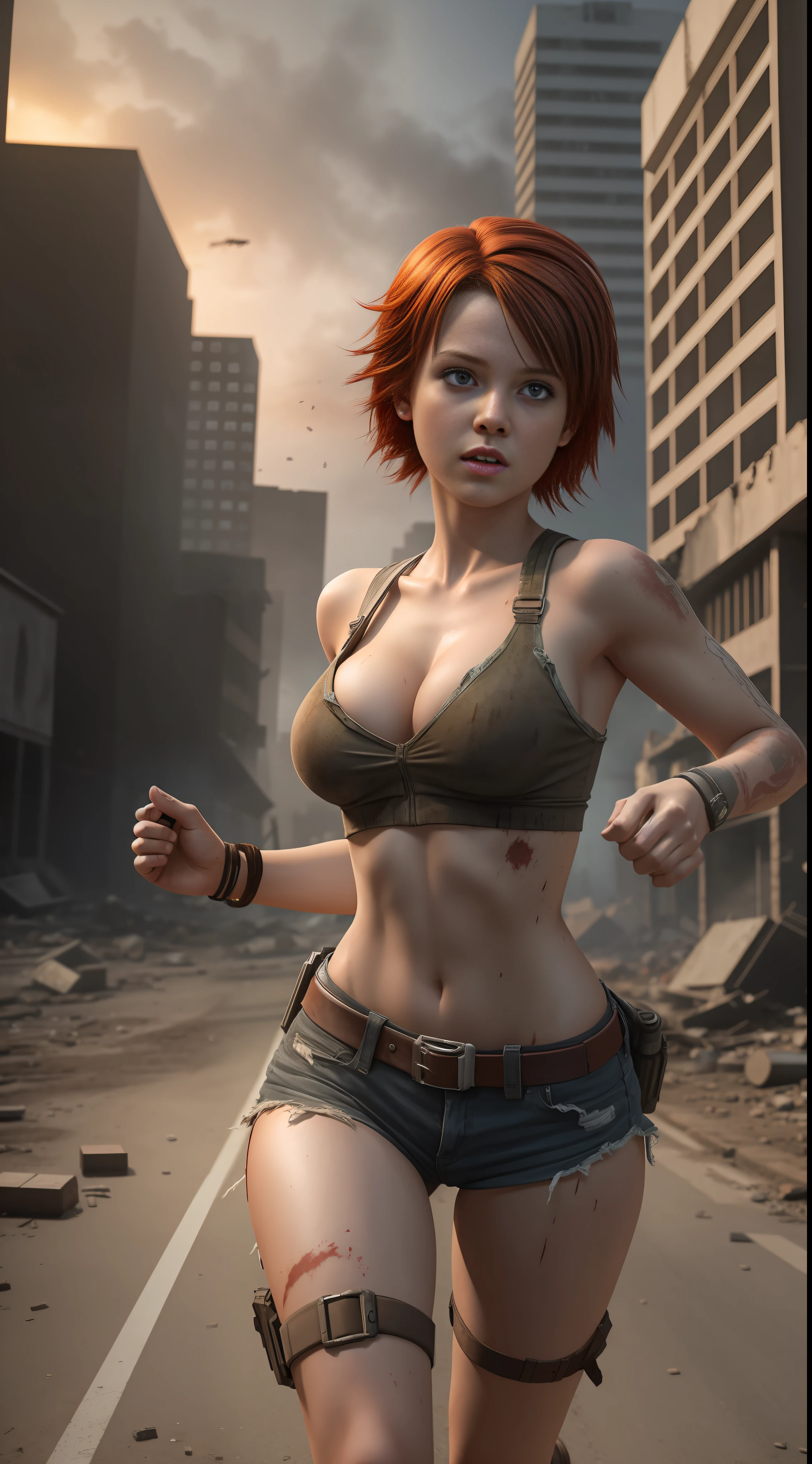 Girl 18 years old short red hair,ripped dress,big breasts,running from zombies in a post apocalyptic building at night,8k extremely realistic raw photo, bottom to top angle