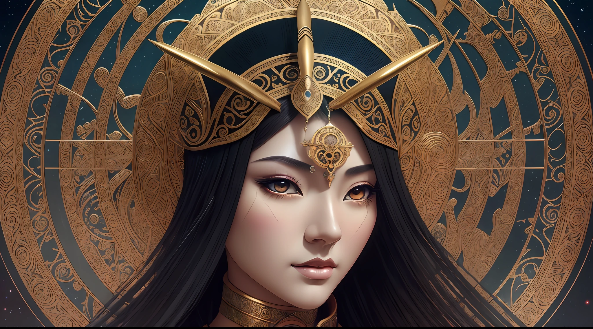 ((Female God Tsukuyominomikoto)), ((ancient Japanese gods)), ((Hold a moon ball or moon staff in your hand)), (full upper body shot), stunning and beautiful shot, shrine background, fully detailed face, circular iris eyes and detailed symmetrical hazel, amazing photo-realistic 3D rendering, octane rendering, Intricate Detail, Trending Art Station, Central Hyperrealistic Cover Photo, Stunning Full Color, Hand Painted, Dark, Grainy, Mucha, Klimt, Erte 12k, High Definition, Neoprene, Behance Contest Winner, Unsplash Portrait, Stylized Digital Art, Smooth, Ultra HD, Unreal Engine 5, Ultra Sharp Focus, Intricate Artwork Masterpiece, Spooky, Epic, TanvirTamim, ArtStation Trends, artgerm, h.r. giger, beksinski, salvador dali, highly detailed, sharp, Cinematic, Isometric, Cinematic, 8k, 8k --auto --s2