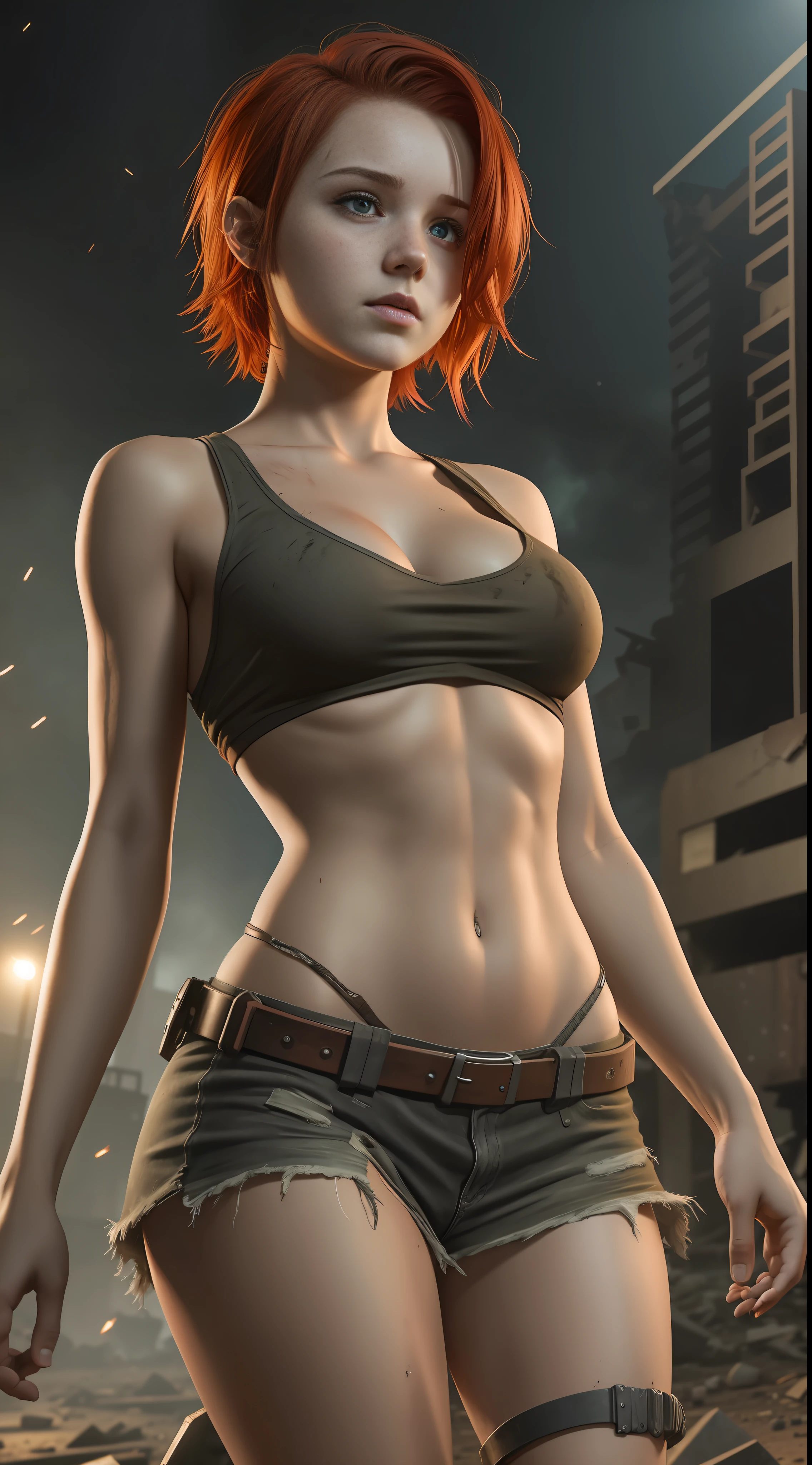 Girl 18 years old short red hair,ripped dress,big breasts,running from zombies in a post apocalyptic building at night,8k extremely realistic raw photo, bottom to top angle