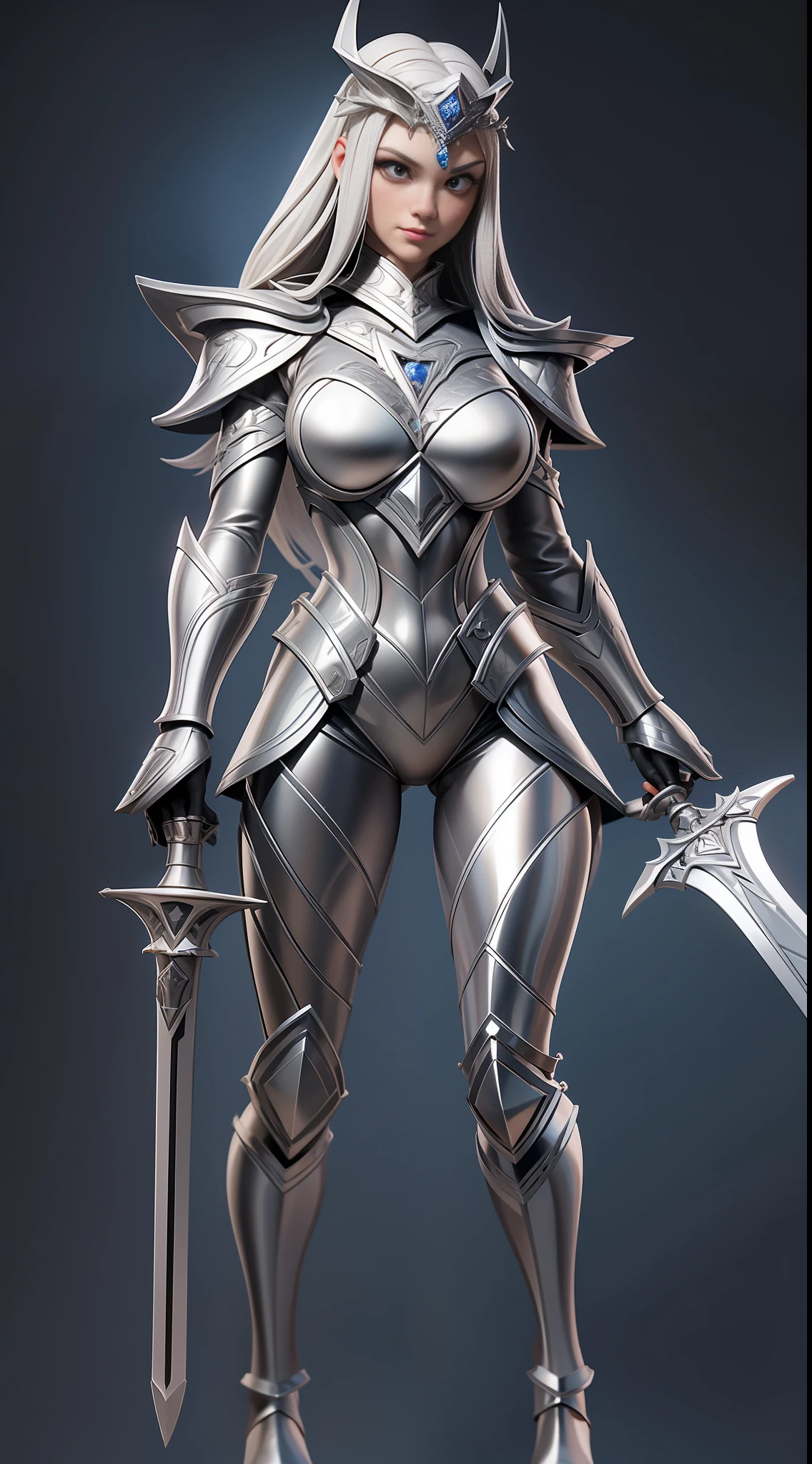 full body picture Unreal Engine 5 8K UHD of beautiful women, light grey hair, princess warrior, royal silver armor with details, black chainmail bodysuit underwear, female royal knight, formal pose, holding steel sword with ancient language, flying ancient language effect, stand in palace, best quality, masterpiece