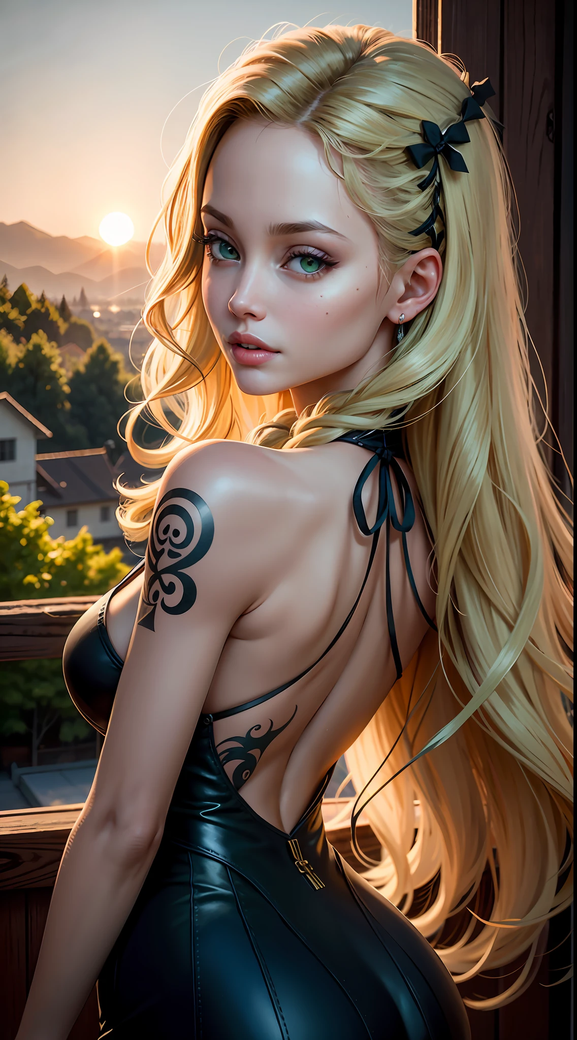 angelina jolie, cheerful face, original wavy blonde hair with braid with bow and ribbon, long eyelashes, beautiful green eyes with brightness, surrealism, shadow, stereogram, (photorealistic, realistic: 1.2), POV, atmospheric perspective, cinematic lighting, ray tracing, 8k, super detail, best quality, masterpiece, well detailed, (Canan EOS R6, 135mm, 1/1250s, f/2.8, ISO 400:0.9), neckline, back, round ass,  tattoos, sunset background between hills with tall trees in the distance and some houses