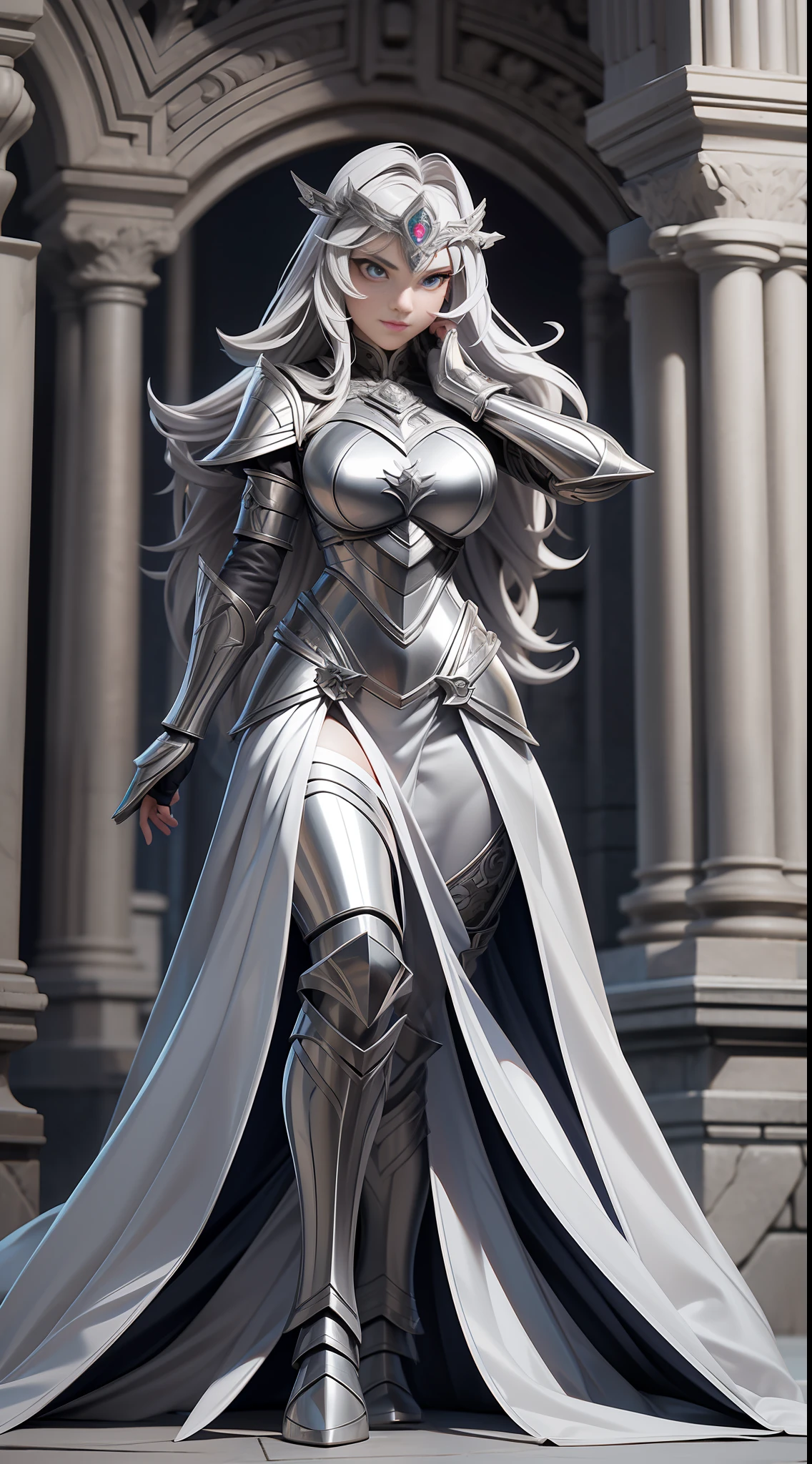 full body picture Unreal Engine 5 8K UHD of beautiful women, light grey hair, princess warrior, royal silver armor with details, black chainmail bodysuit underwear, female royal knight, formal pose, holding steel sword with ancient language, flying ancient language effect, stand in palace, best quality, masterpiece